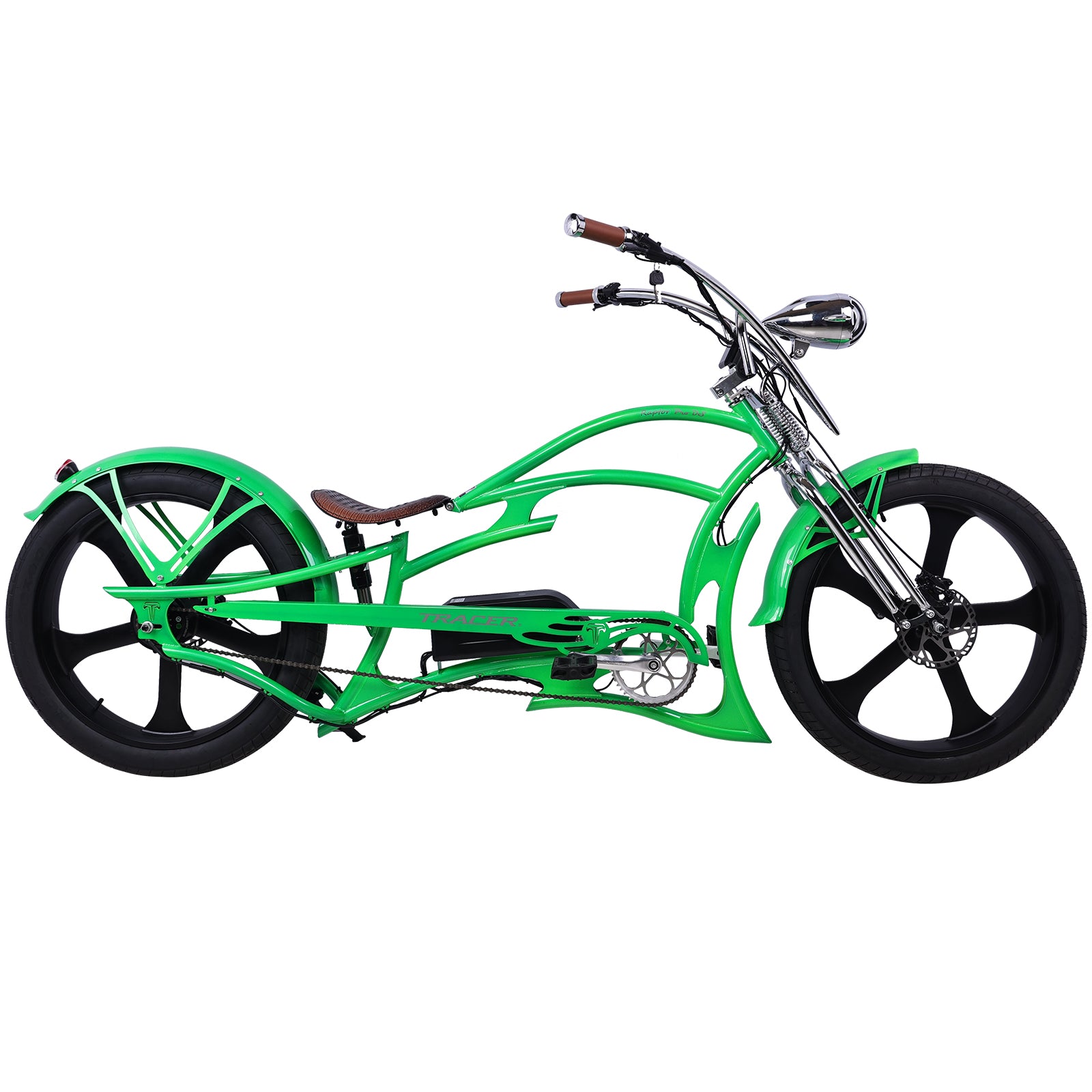 side view of Tracer Raptor Stretch Cruiser Chopper Ebike green 26 inch