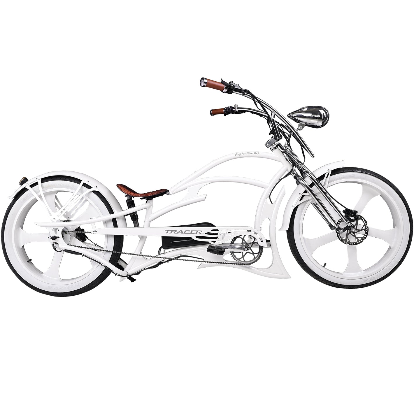 side view of Tracer Raptor Stretch Cruiser Chopper E-bike white 26inch