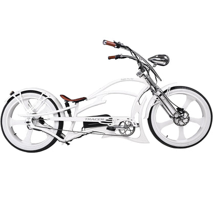 side view of Tracer Raptor Stretch Cruiser Chopper E-bike white 26inch
