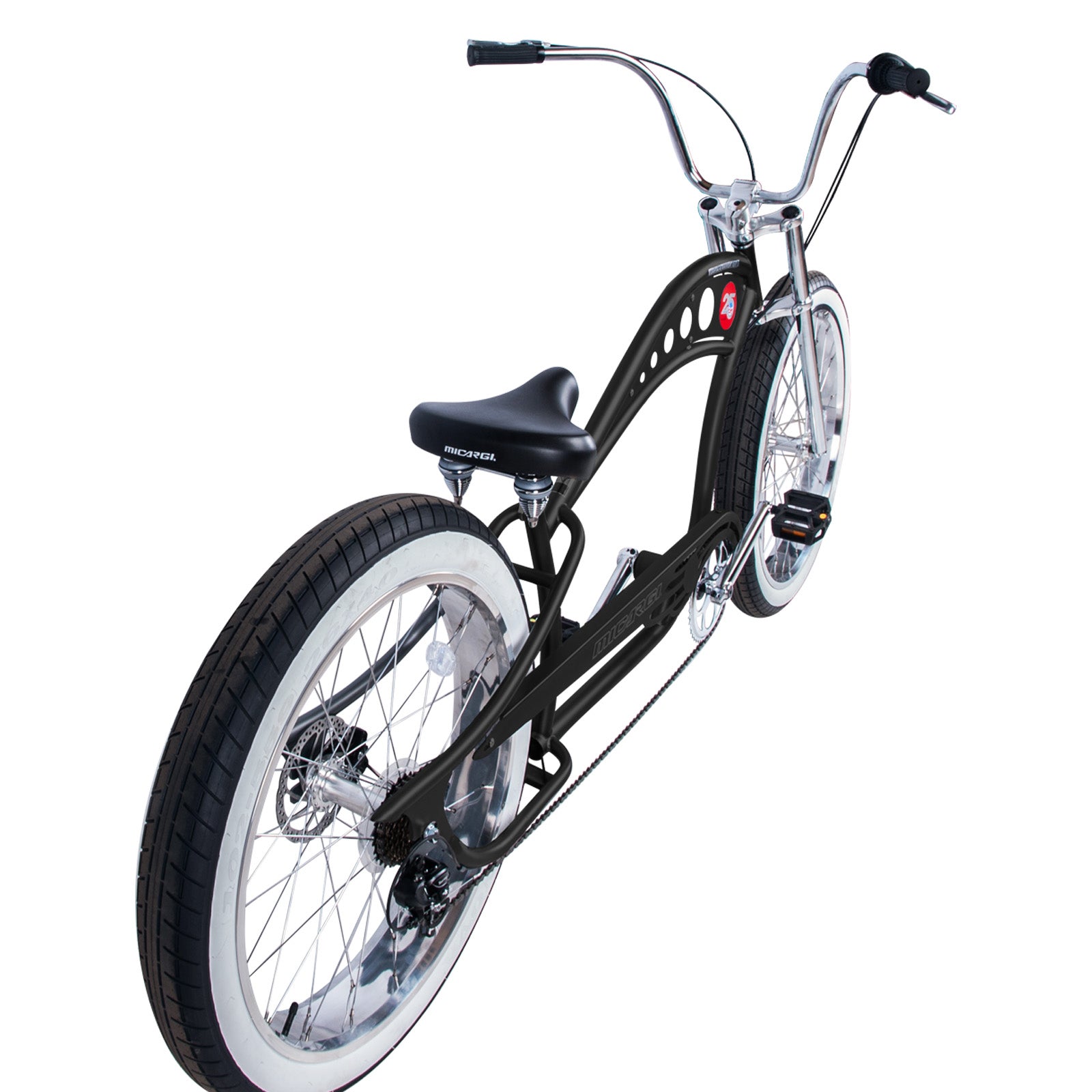 Side view of Micargi Vancouver 26" Chopper Cruiser Bike with wide dual spring saddle fat tire