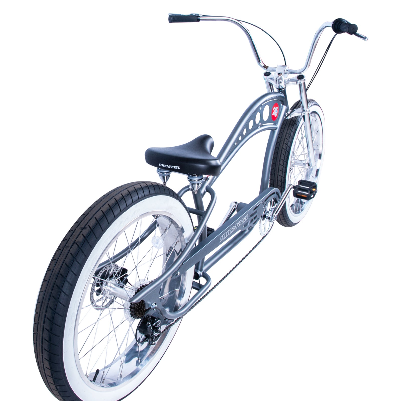 Side view of Micargi Vancouver 26" Chopper Cruiser Bike wide saddle fat tire in grey