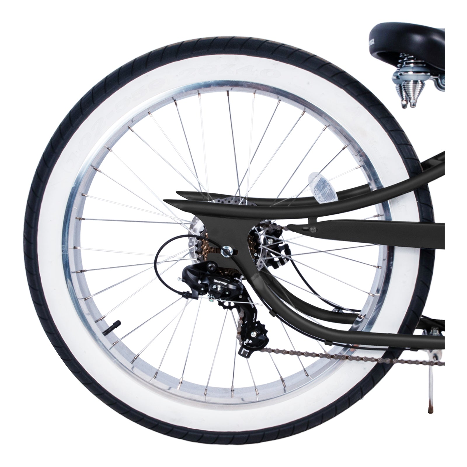 Close up of Micargi Vancouver 26" Chopper Cruiser Bike polished rim white wall tire 7-speed