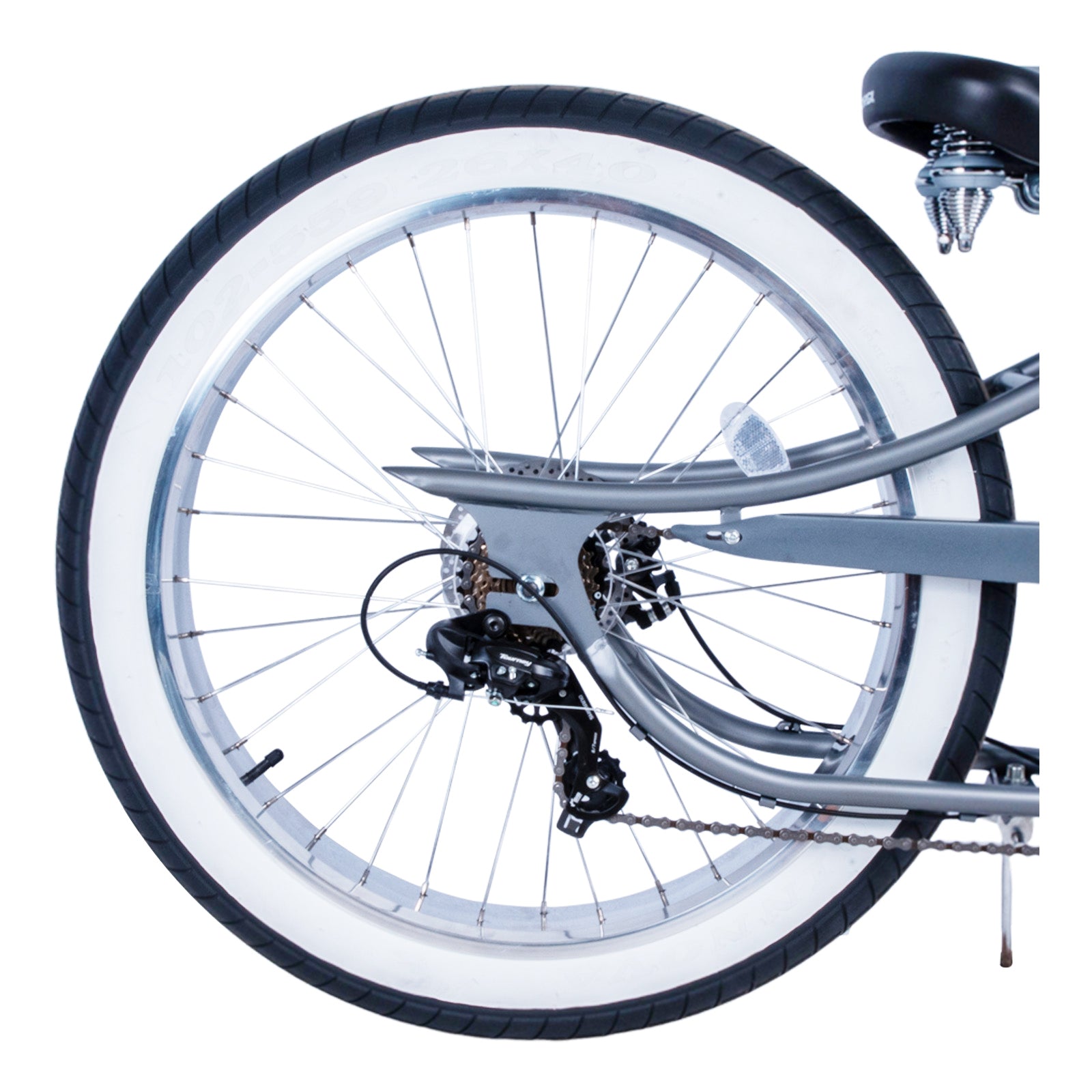 Close up of Micargi Vancouver 26" Chopper Cruiser Bike white wall fat tire 7-speed disc brake 