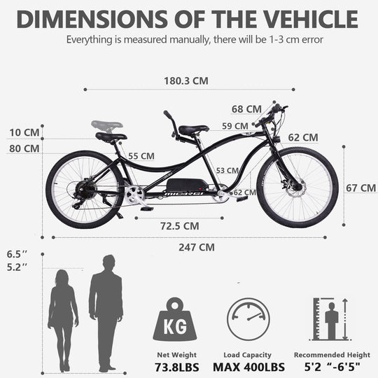 Micargi Aloha 26" Tandem Beach Cruiser Electric Bike size chart