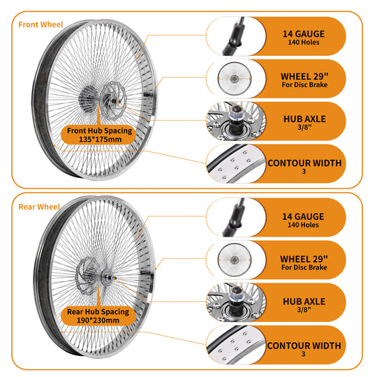 Micargi WH-TR7529140D-F/R-PL Fat Rims Wheel Set for 29"*3" with 7-speed Disc Brake