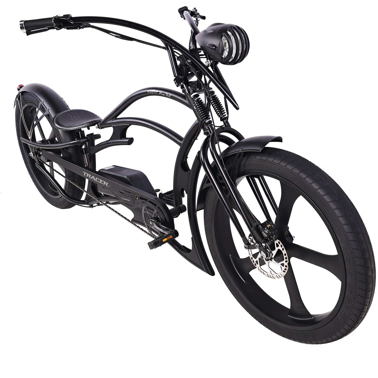 side view of Tracer Raptor Stretch Cruiser Chopper Ebike v handlebar dual spring fork