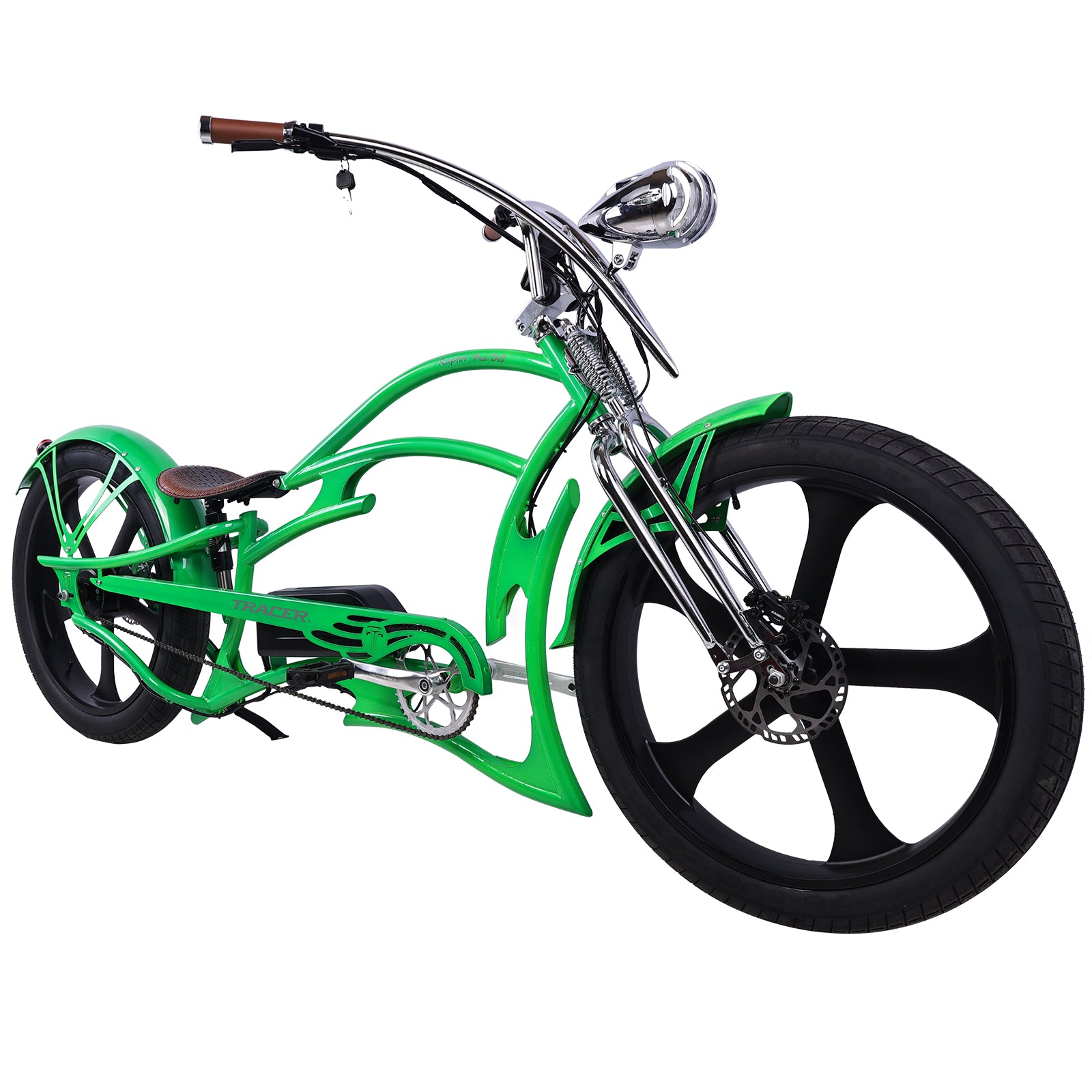 side view of Tracer Raptor Stretch Cruiser Chopper Ebike fat tire dual spring fork