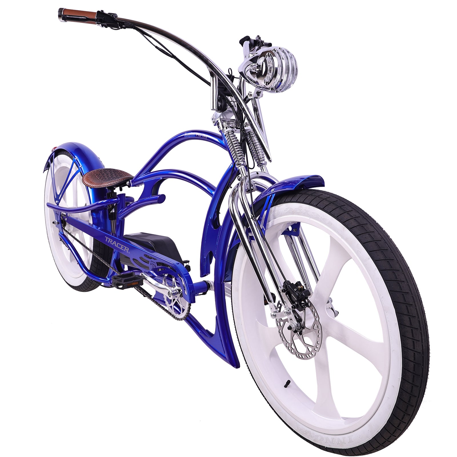 side view of Tracer Raptor Stretch Cruiser Chopper Ebike one piece wheel fat tire blue