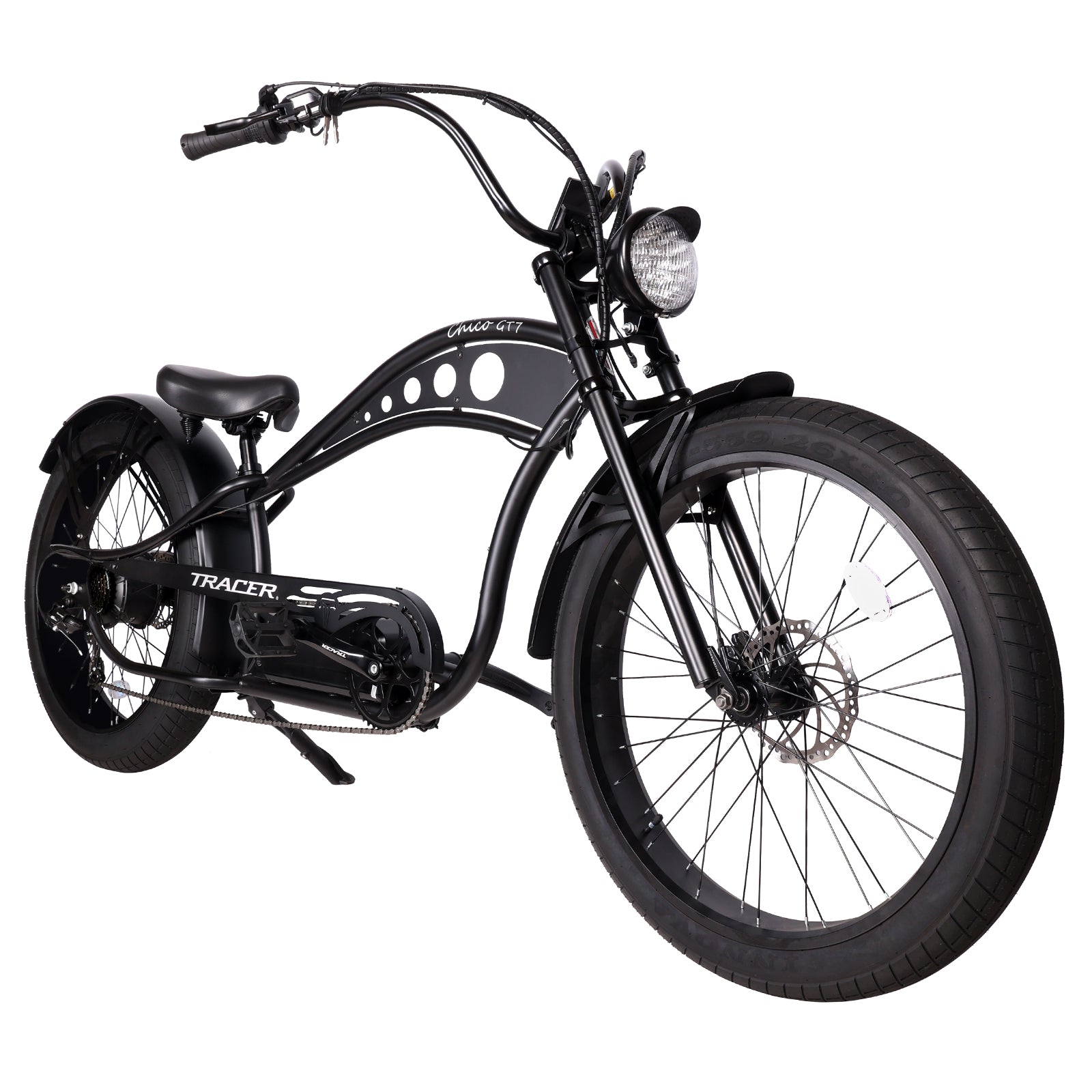 side view of Micargi Cyclone 500W Electric Beach Cruiser bike disc brake in matte black