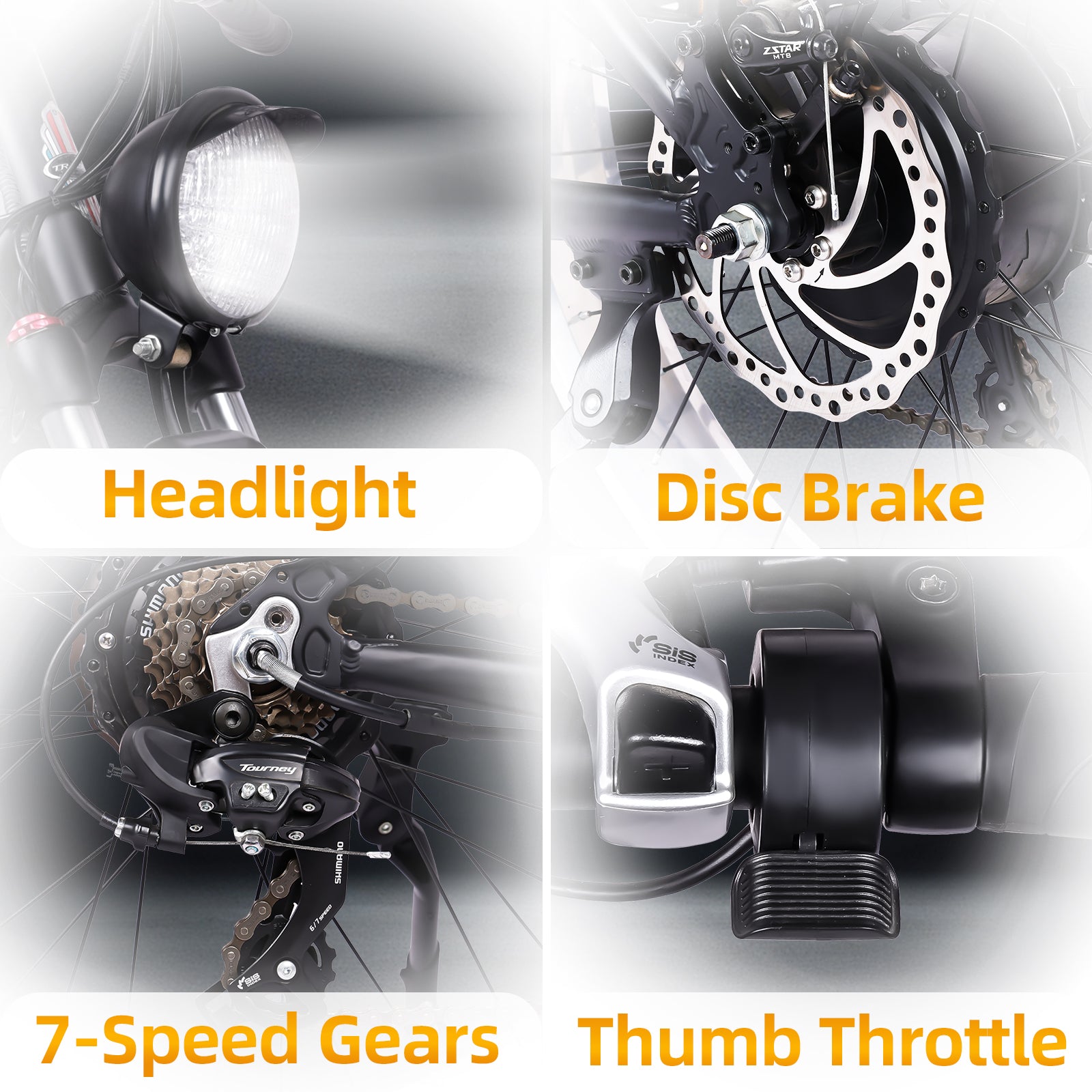 Close-up of Tracer Tacoma Mountain E-bike Fat Tire 7-speed Bright Light Disc Brake System Thumb Throttle 26 inch