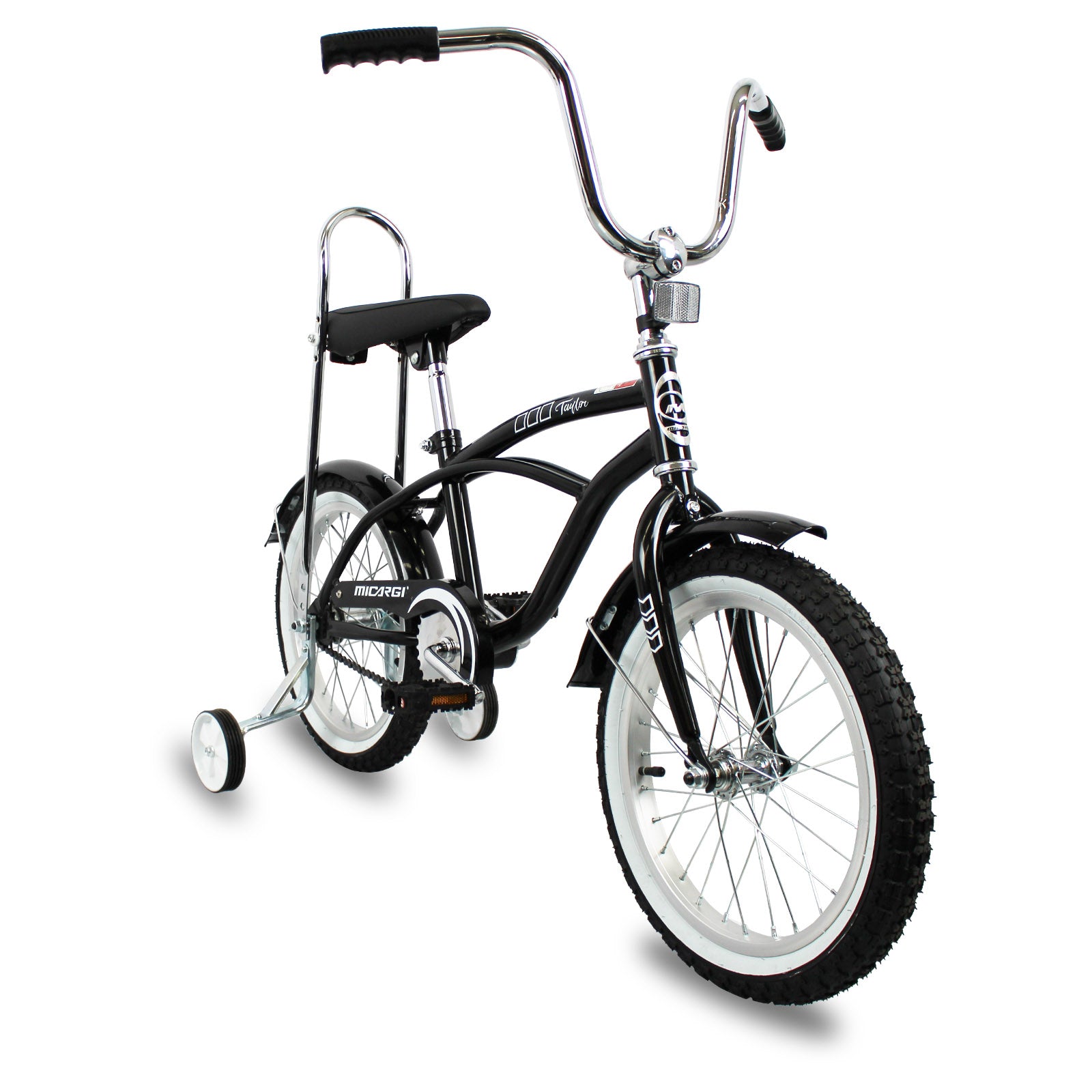 side view of Micargi Taylor kid bike with training wheel hi-rise handlebar