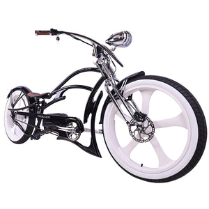 side view of Tracer Raptor 800W Stretch Cruiser Chopper Ebike dual spring fork
