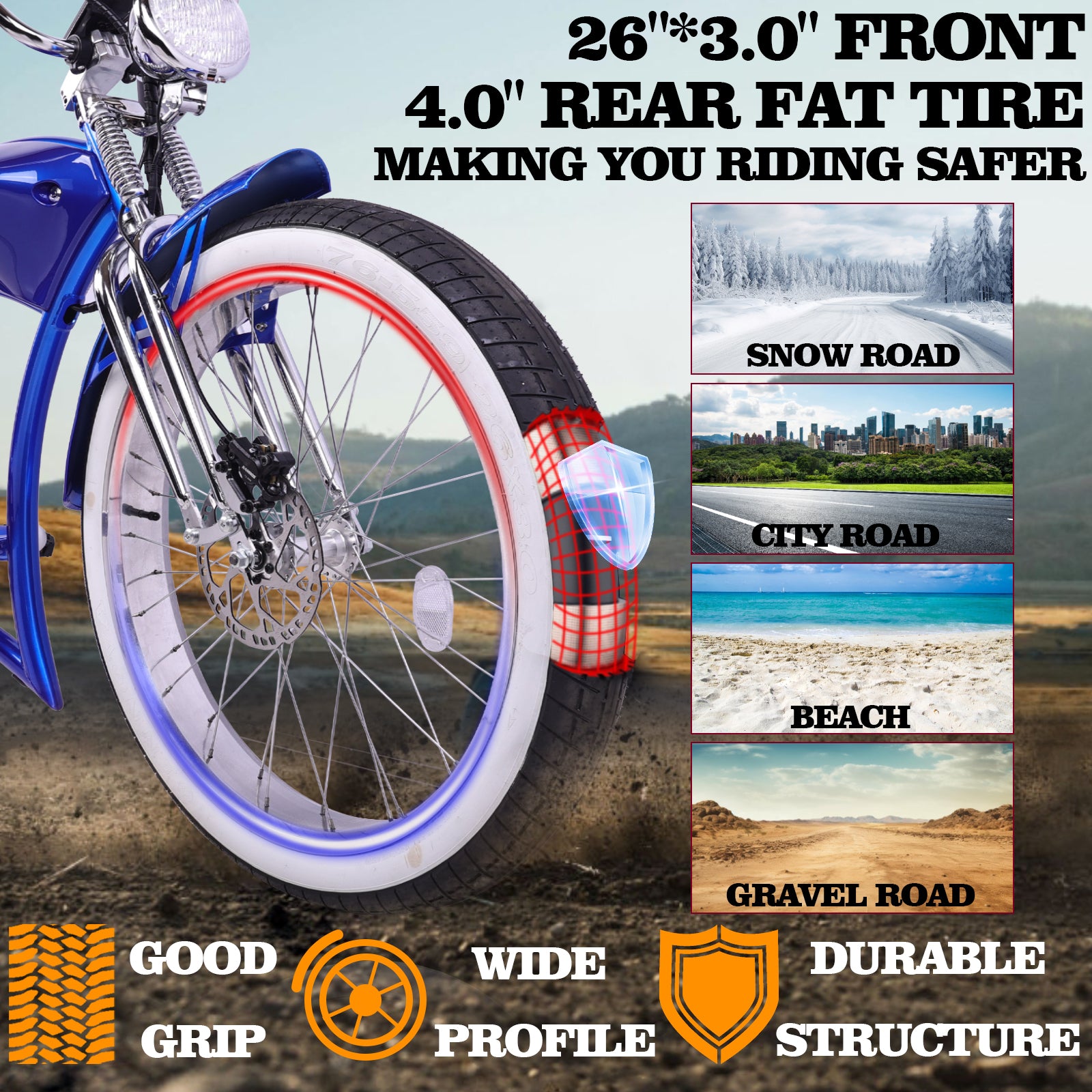 Tracer Twenty5 DS 500W Chopper Cruiser E-Bike Fat tire riding in snow city beach gravel road