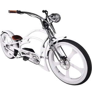 side view of Tracer Raptor Stretch Cruiser Chopper E-bike white one piece wheel Suspension front fork