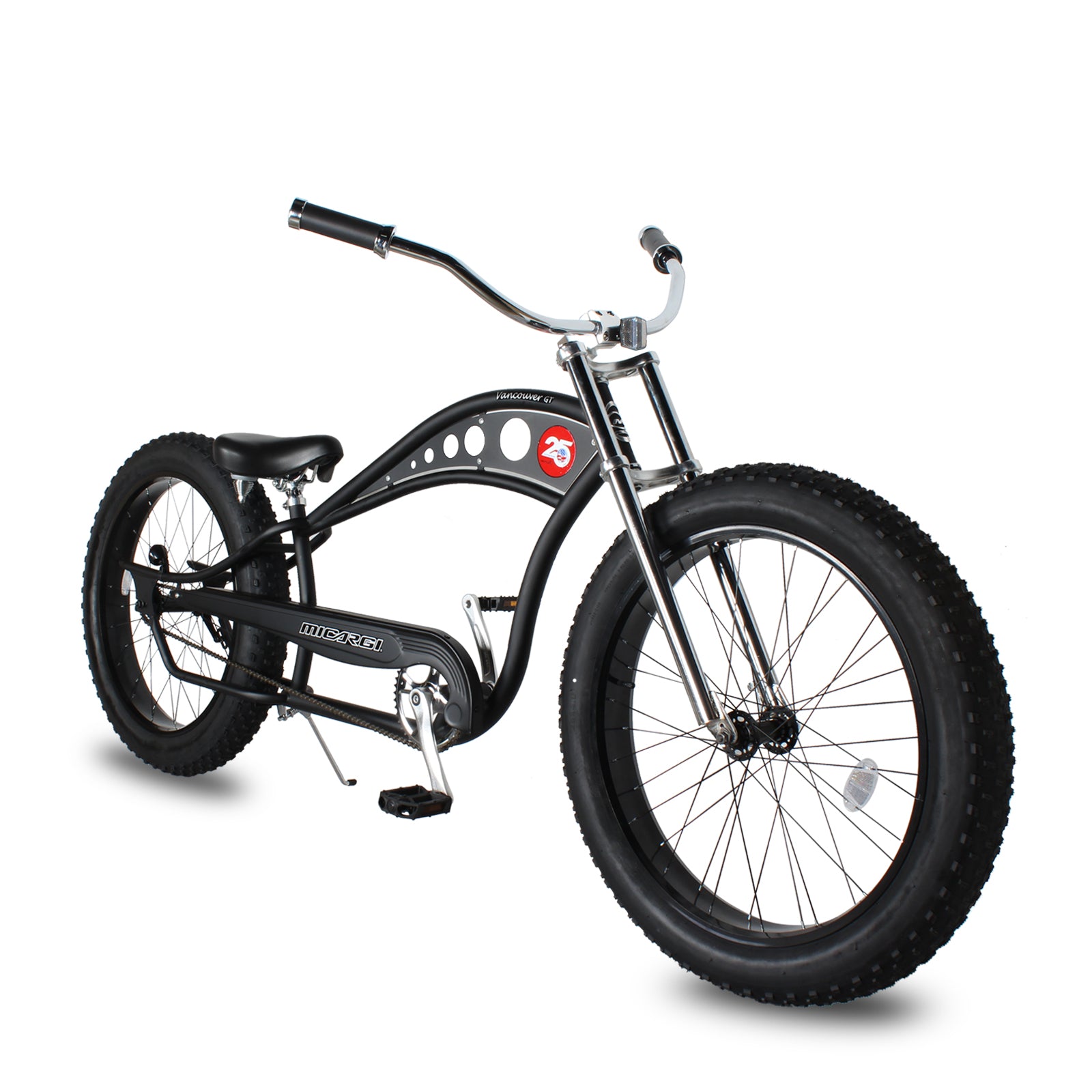 Side view of Micargi Vancouver 26" Chopper Cruiser Bike in matte black coaster brake