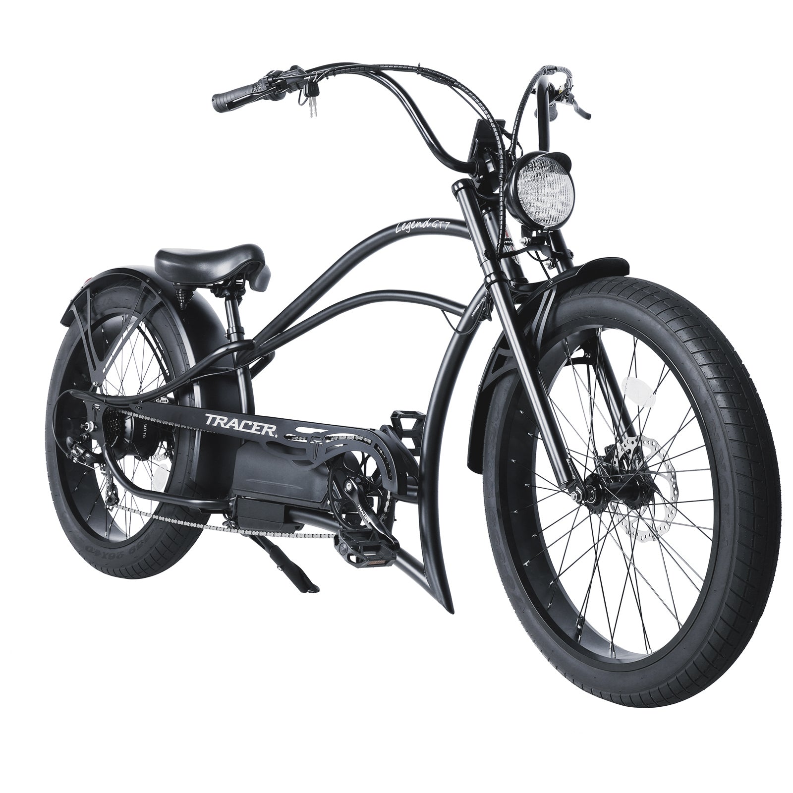 Side view of Tracer legend electric bike disc brake mid-rise handlebar in matte black