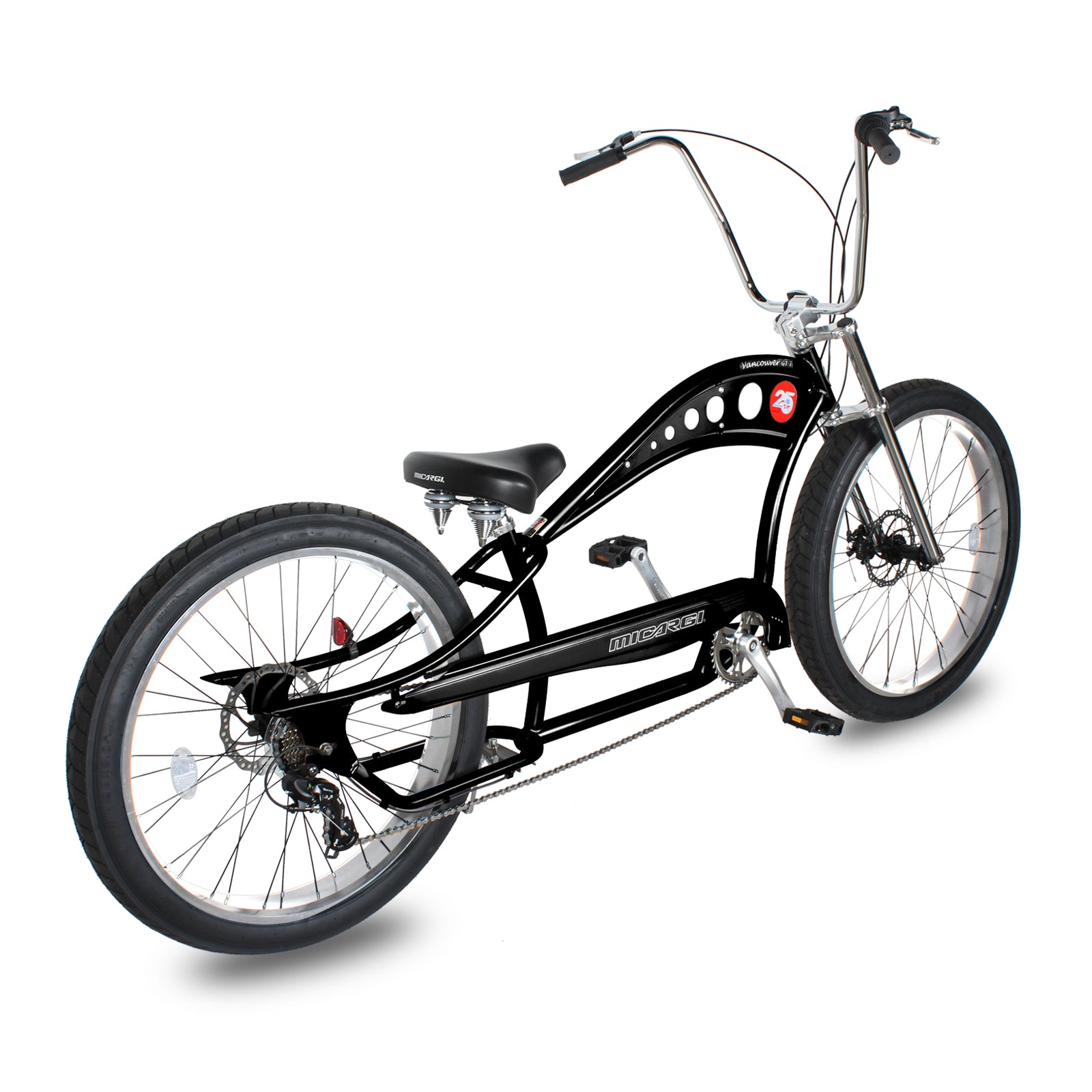 Side view of Micargi Vancouver 26" Chopper Cruiser Bike with oversized frame disc brake