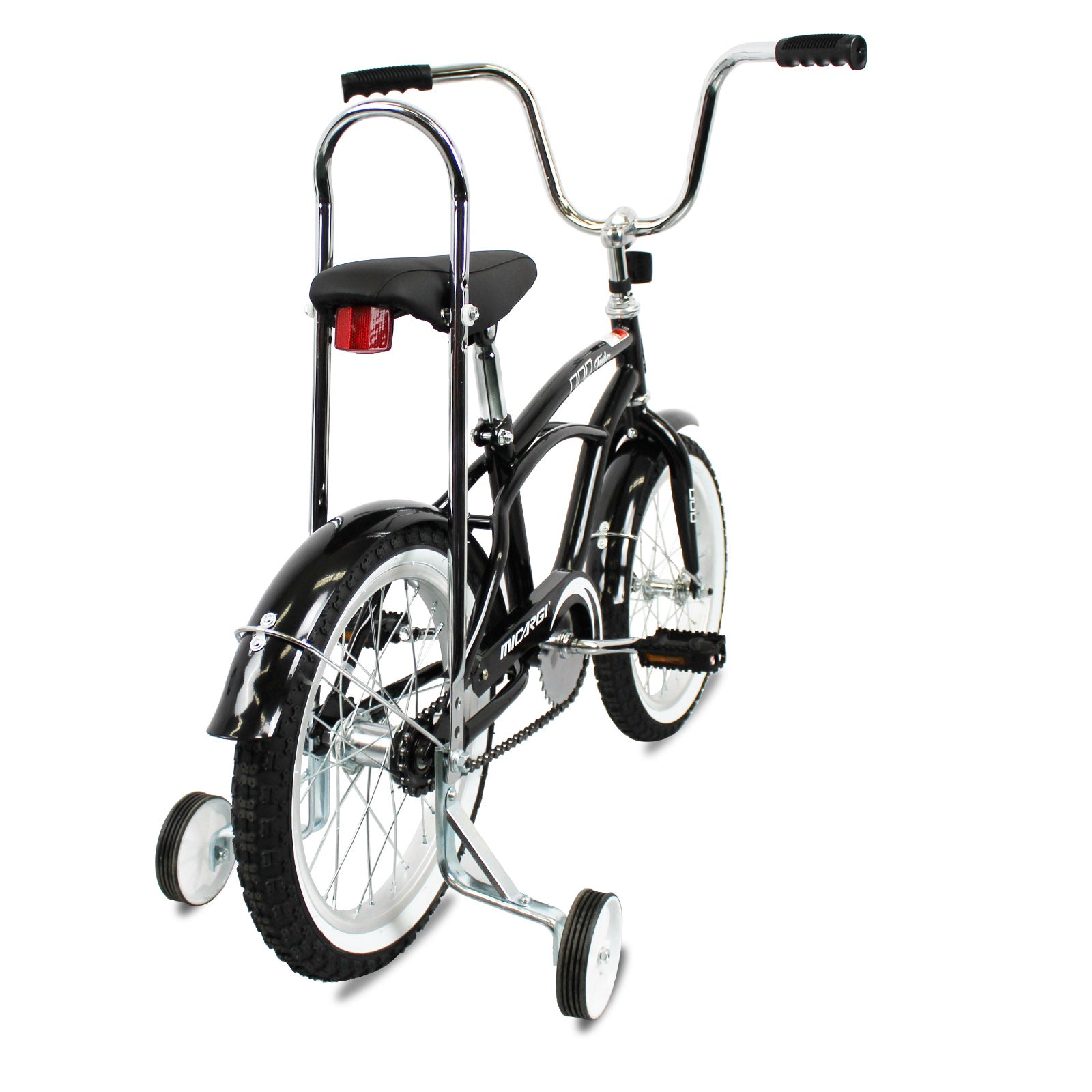 side view of Micargi Taylor kid bike with training wheel fenders black for boy