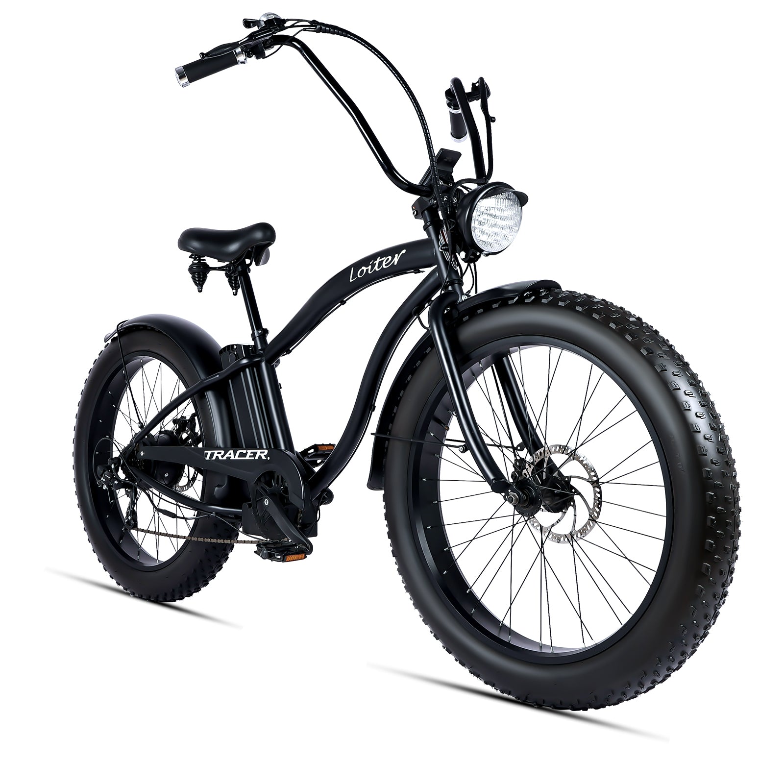 side view of Tracer loiter cruiser beach electric bike black 26 inch 7 speed