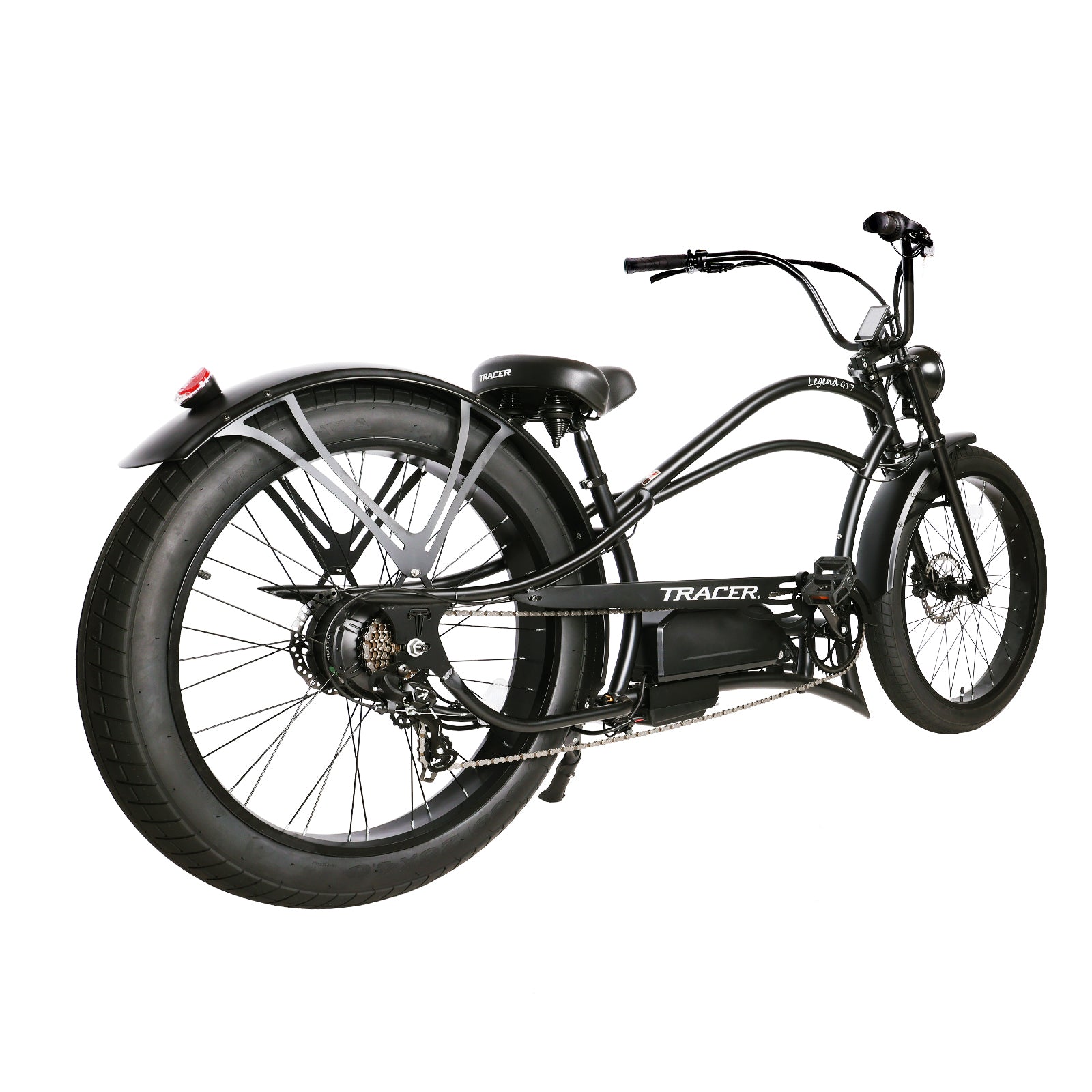 Side view of Tracer Legend Stretch Cruiser Ebike 1000W motor 7-speed in matte black