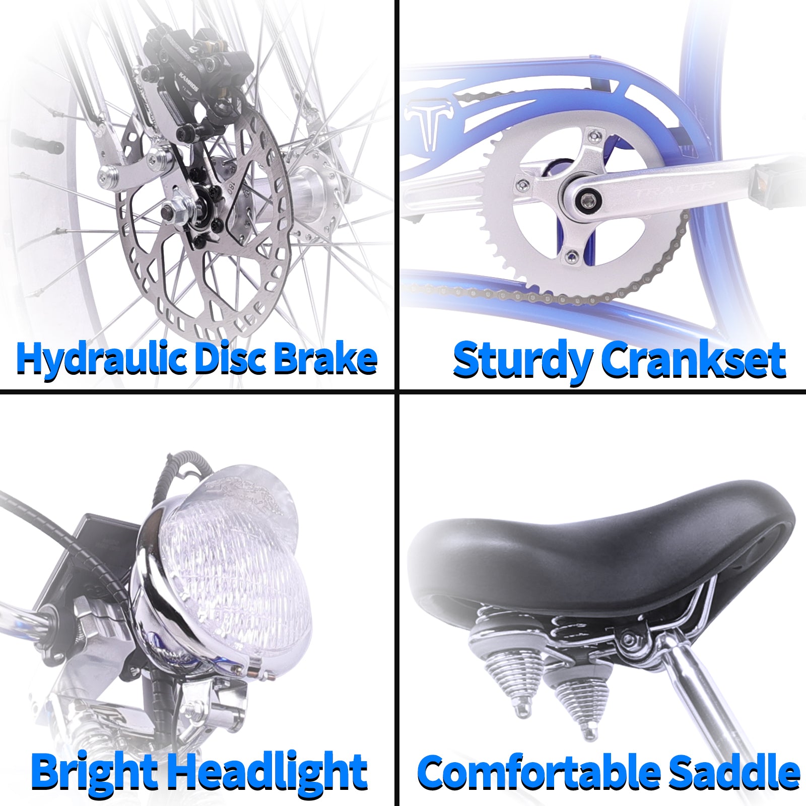 close up of Tracer Twenty5 DS 800W Electric Chopper Bike hydraulic disc brake 26inch sturdy crankset