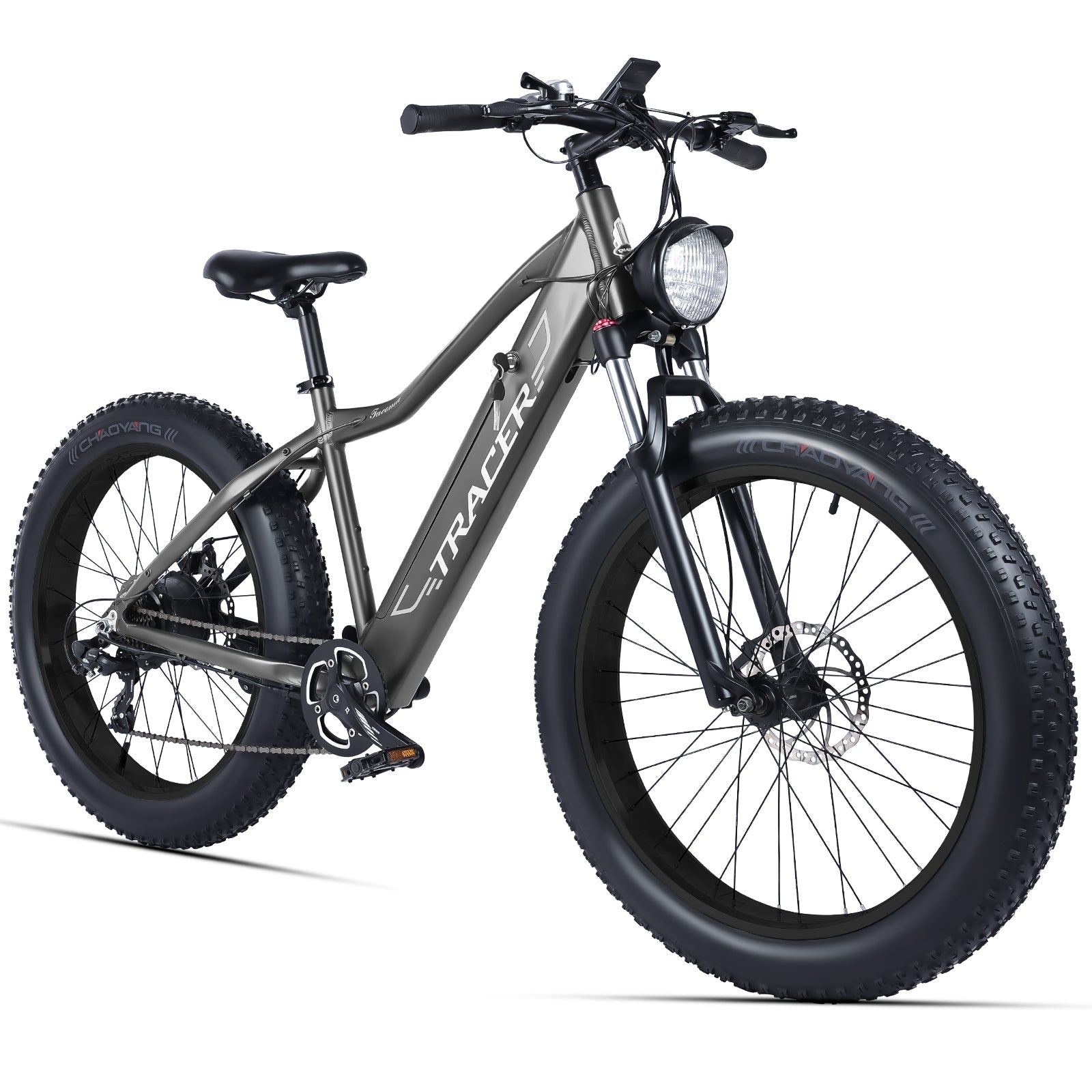 Side View of Tracer Tacoma Fat Tire Electric Mountain Bike in Matte Gray 7 Speed Flat Handlebar