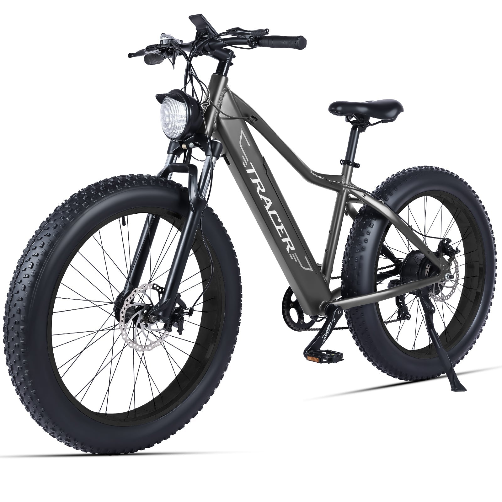 Side View of Tracer Tacoma Fat Tire Electric Mountain E-bike in Gray 26 inch Suspension Fork