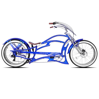 Raider pro ds 7-speed stretch chopper cruiser bike v handlebar with oversized steel frame blue disc brake 