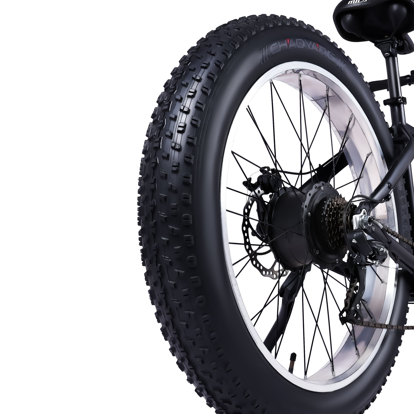 Close up of Micargi Steed Electric Mountain Bicycle 7-speed Knobby tire