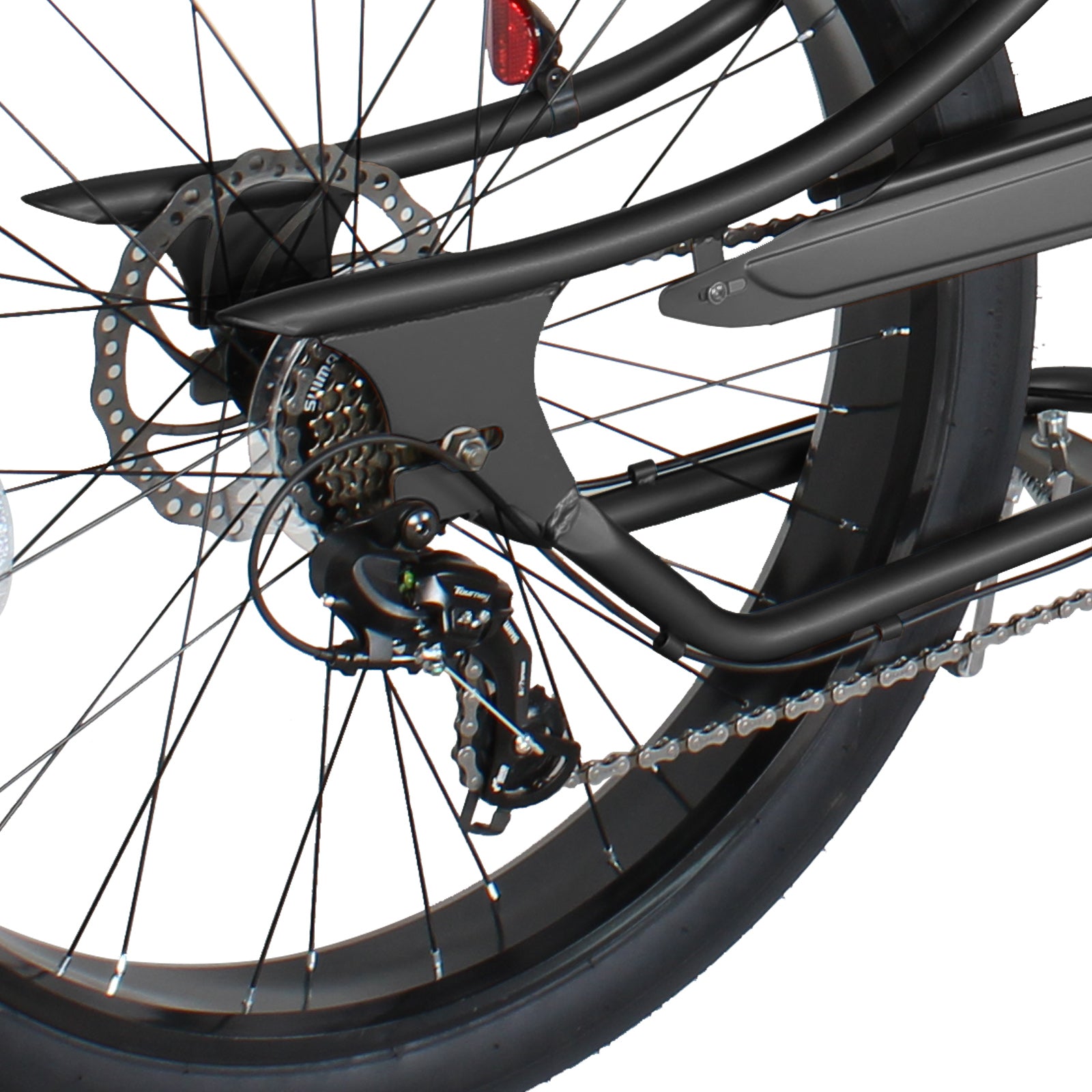 Close up of Micargi Vancouver 26" Chopper Cruiser Bike firm spokes and hub 7-speed disc brake