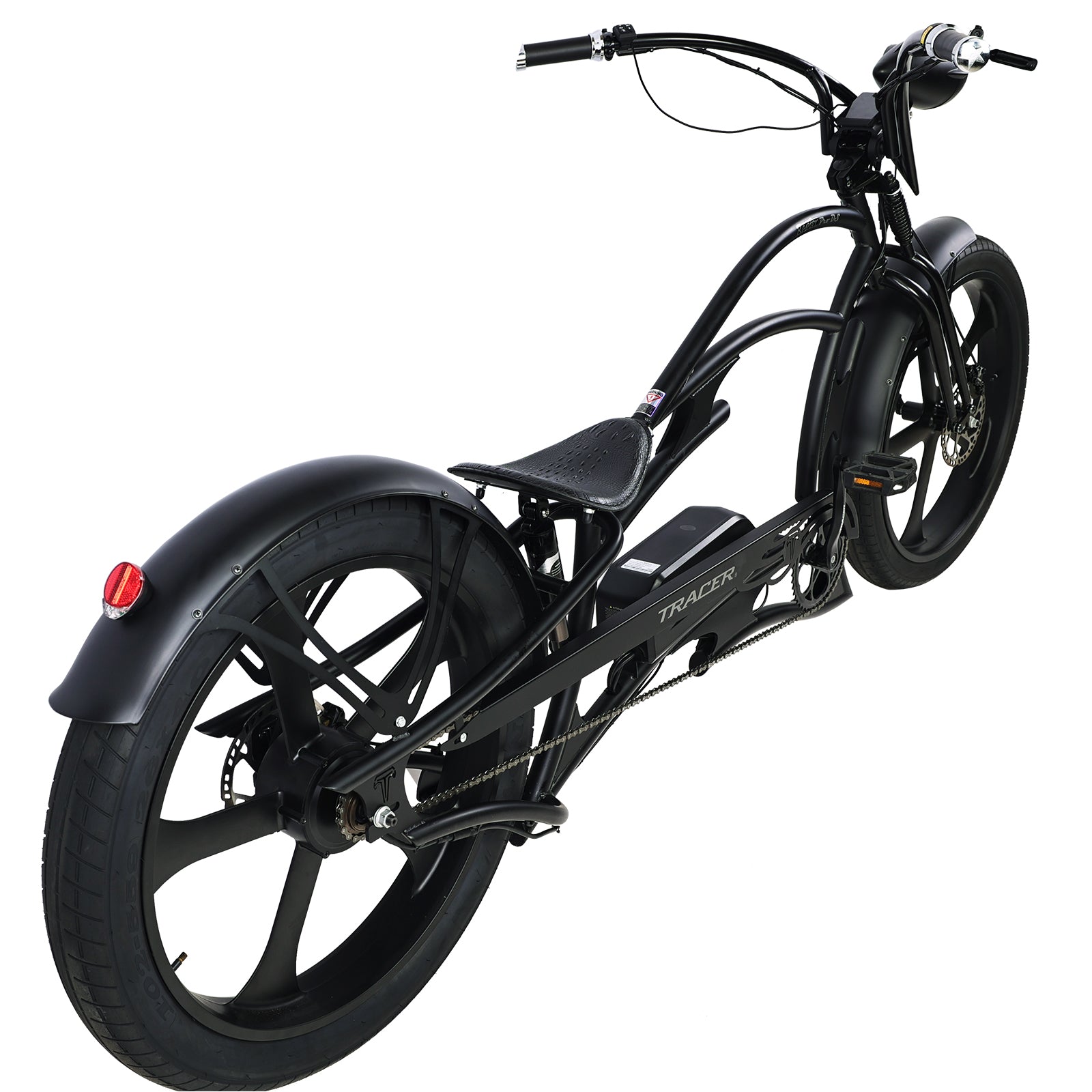 side view of Tracer Raptor Stretch Cruiser Chopper E-bike matte black Suspension saddle