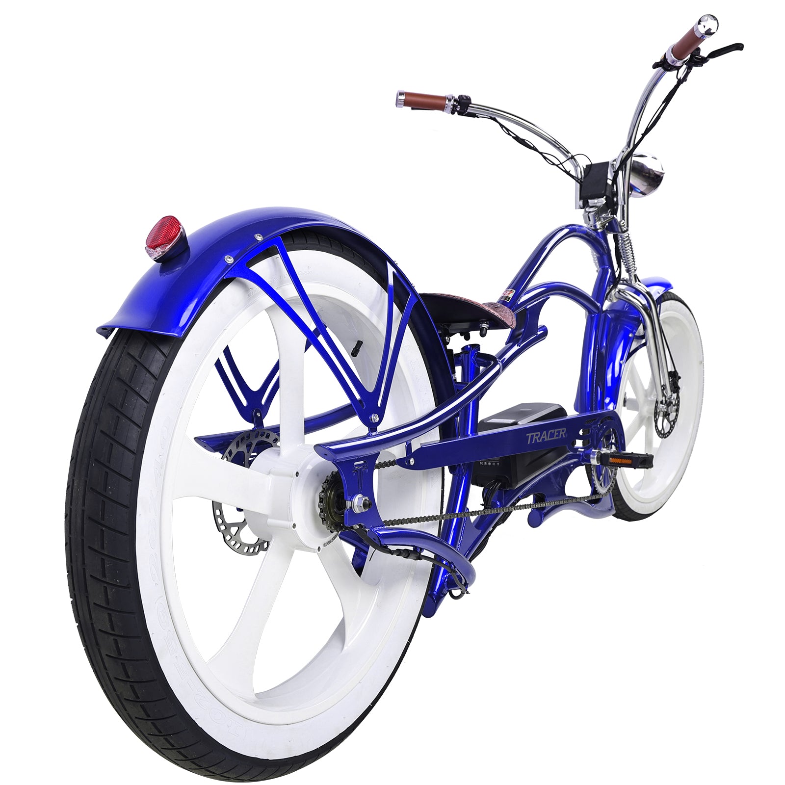 side view of Tracer Raptor Stretch Cruiser Chopper Ebike with fenders fat tire blue 26inch
