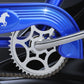 Close up of Micargi Mustang GTS Cruiser Bike sturdy crankset in blue