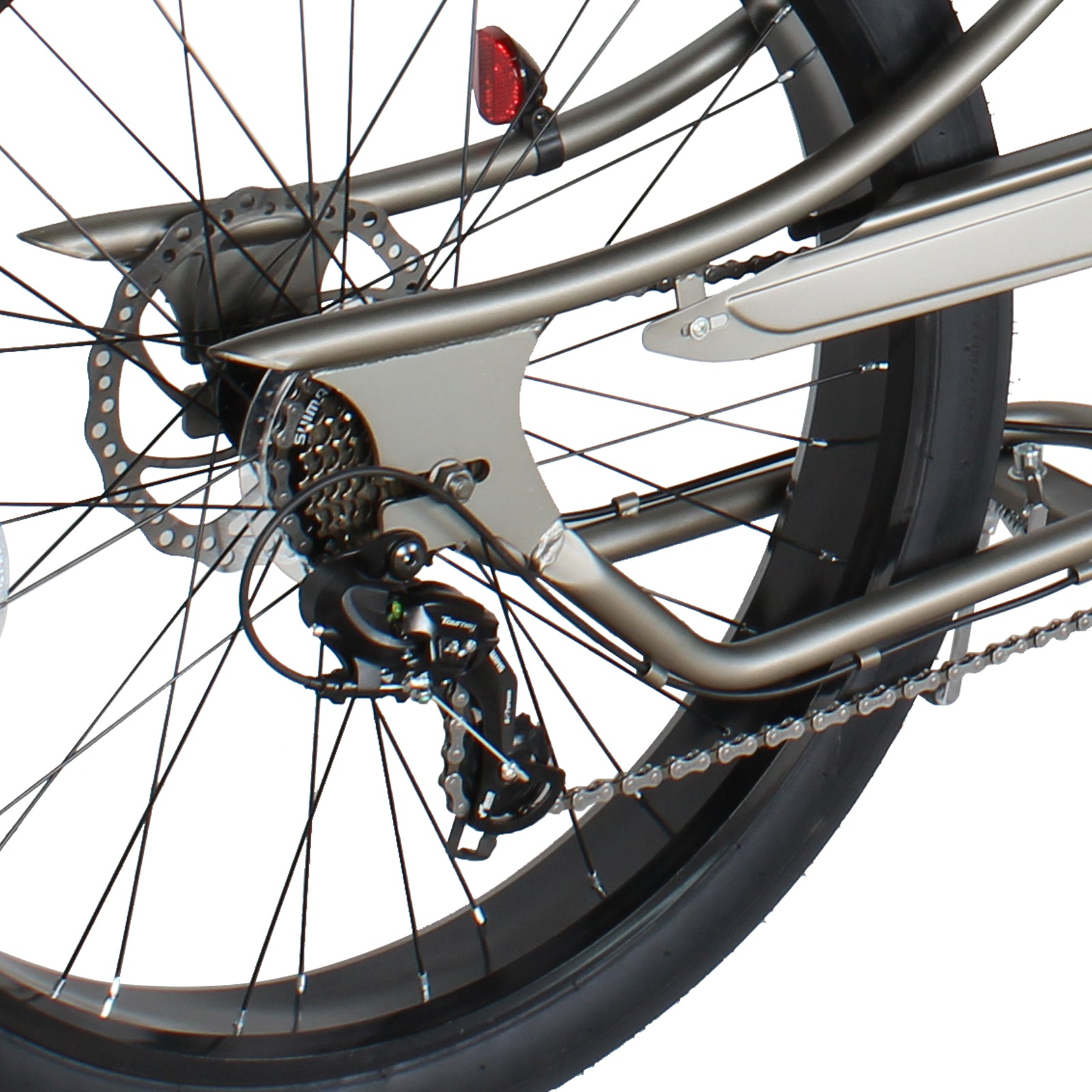 Close up of Micargi Vancouver 26" Chopper Cruiser Bike 7-speed disc brake in gray