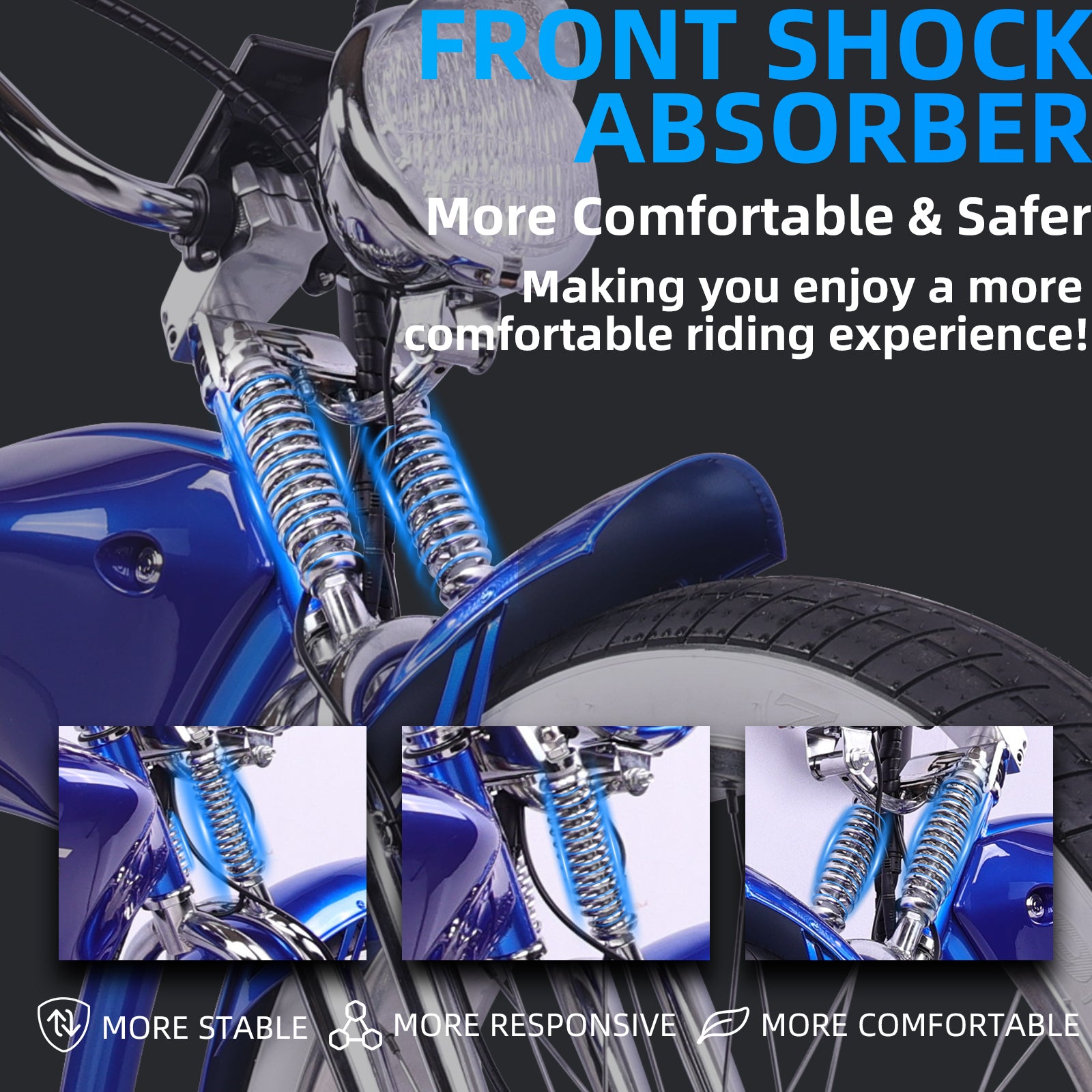 close up of Tracer Twenty5 DS 800W Electric Chopper Bike dual spring fork 