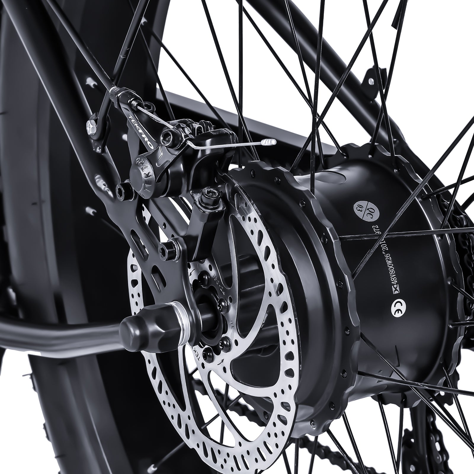 Close up of Micargi Steed Electric Mountain Bicycle 800W rear motor disc brake