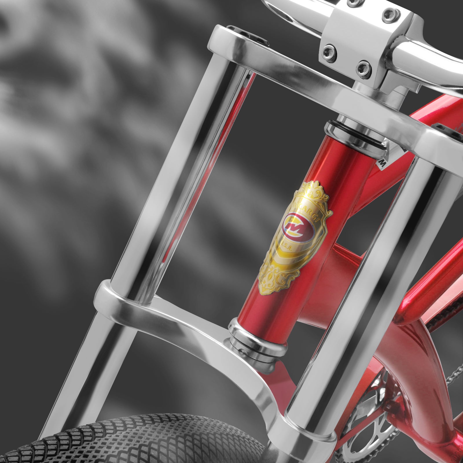 Close up of Micargi Bronco Pro 26” Stretch Cruiser Bike Triple Tree Fork