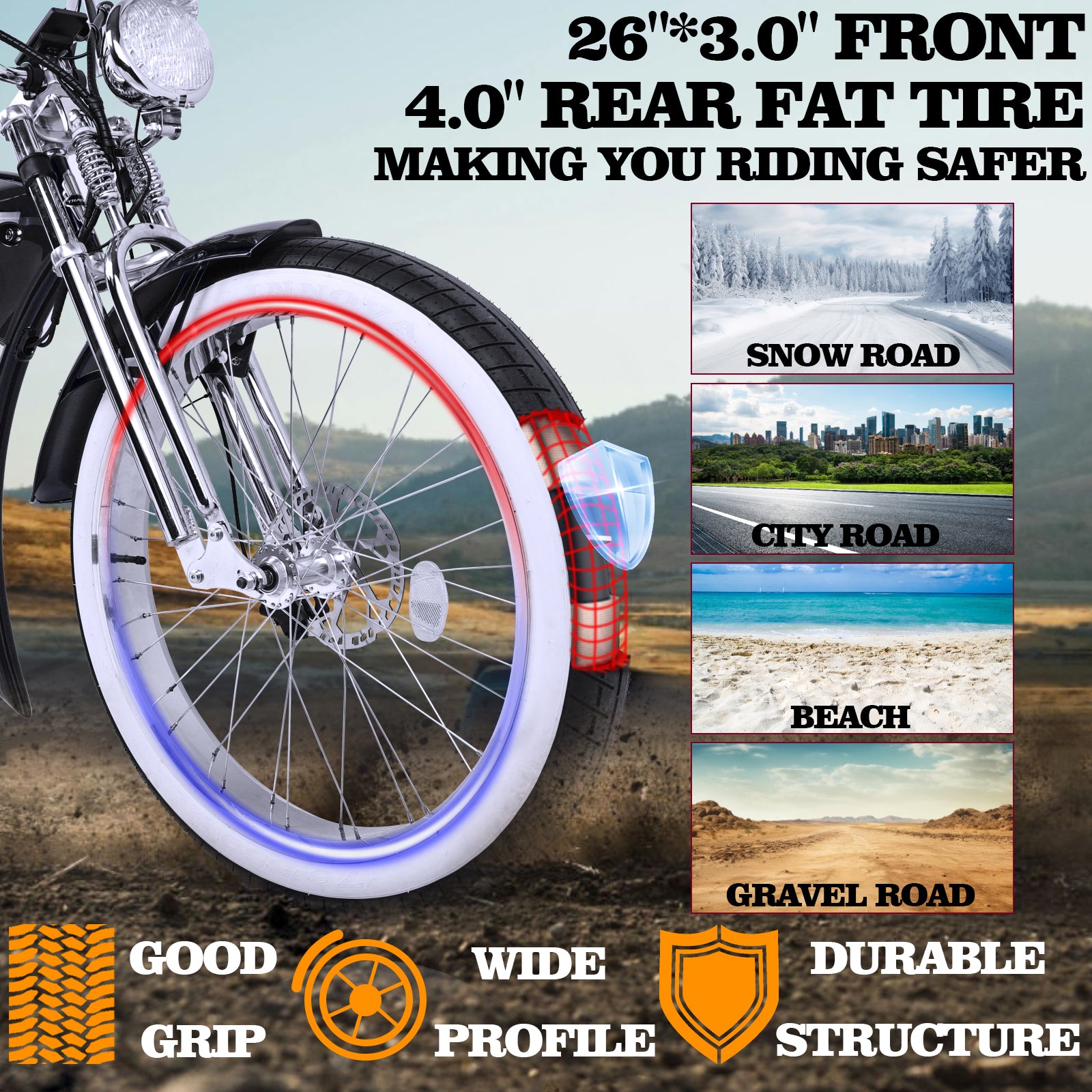 Tracer Twenty5 GTS Chopper Cruiser E-Bike 500W snow city beach gravel riding