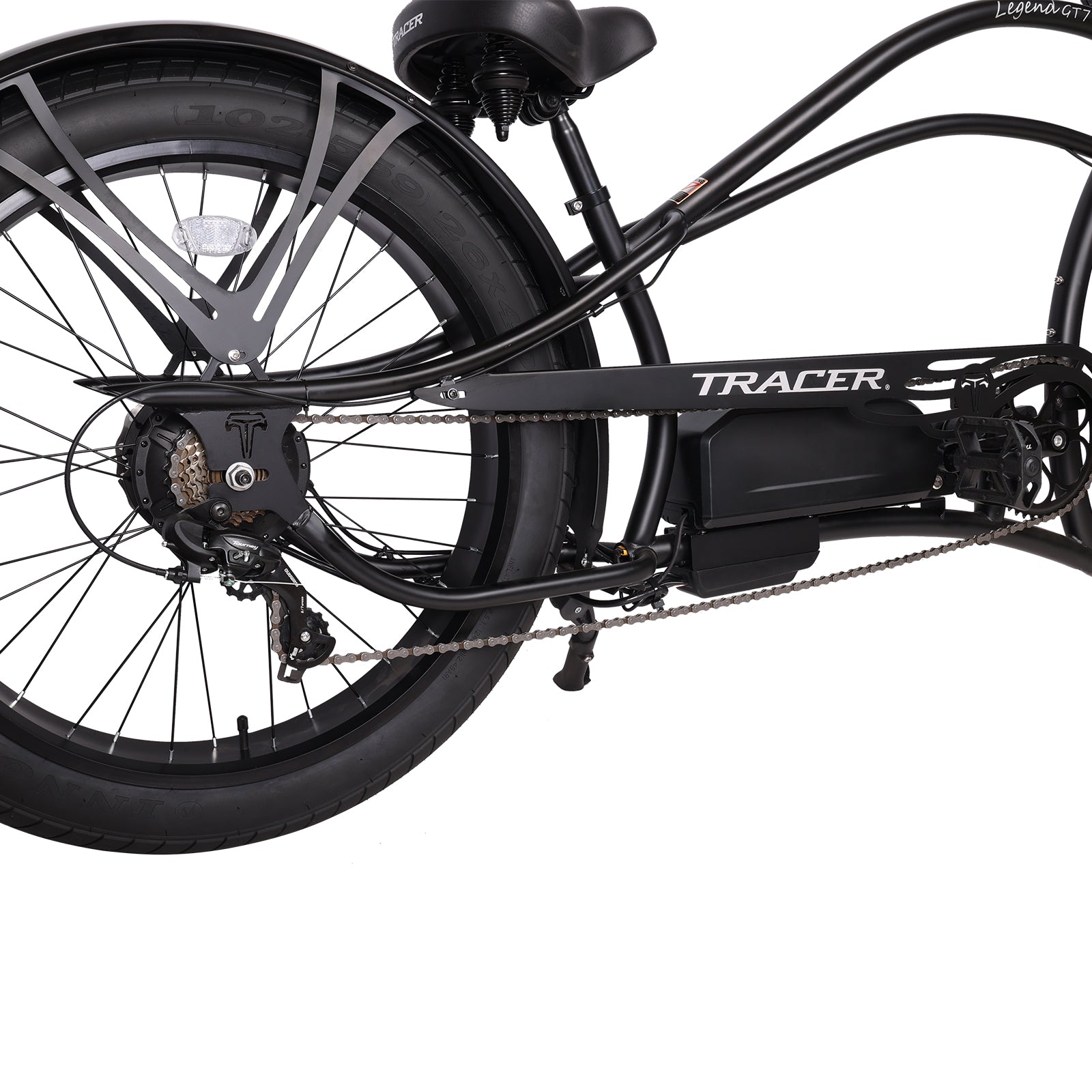 Close up of Tracer Legend Stretch Cruiser E-bike 7-speed fat tire in matte black