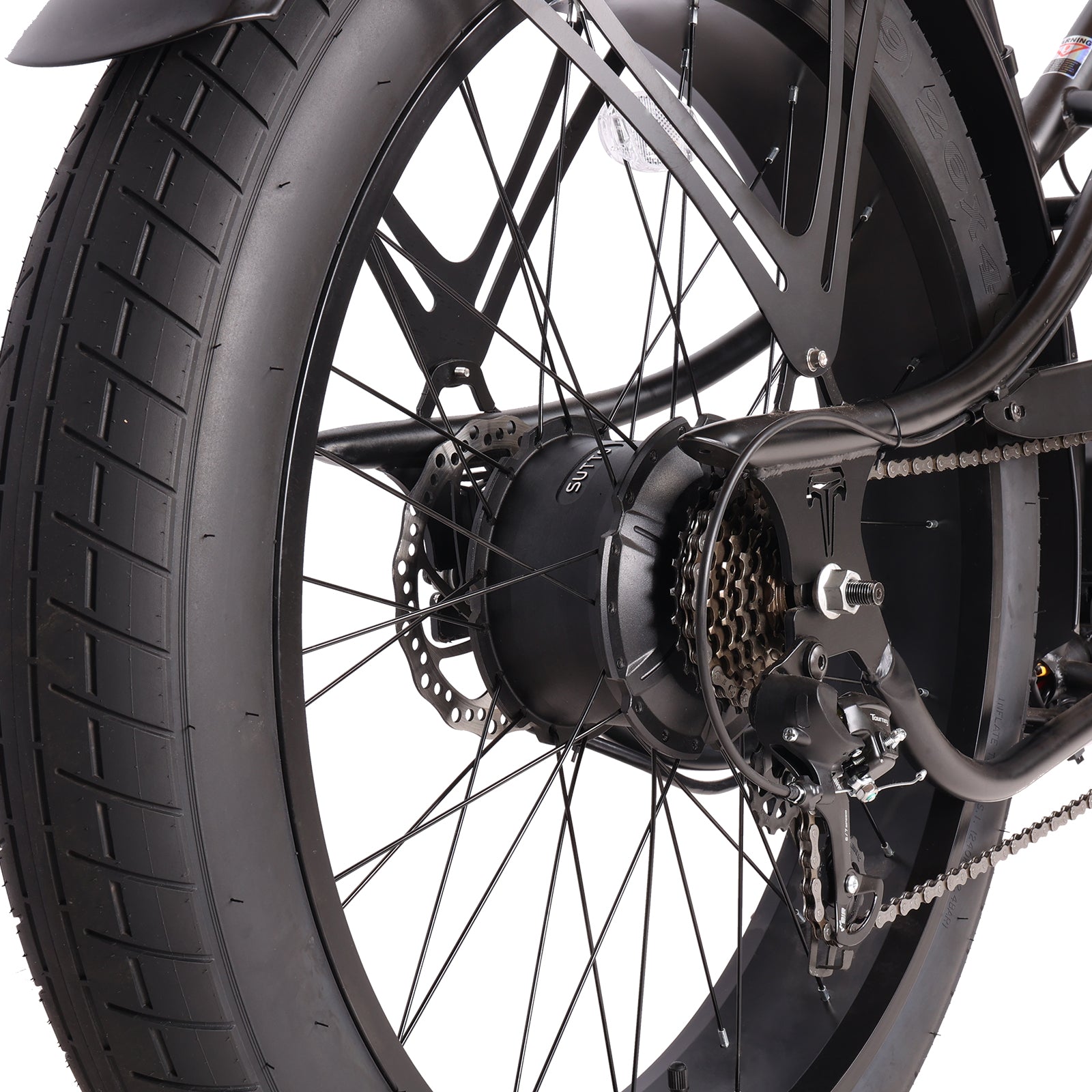 Close up of Tracer Legend Stretch Cruiser E-bike 1000W rear hub motor 7-speed matte black