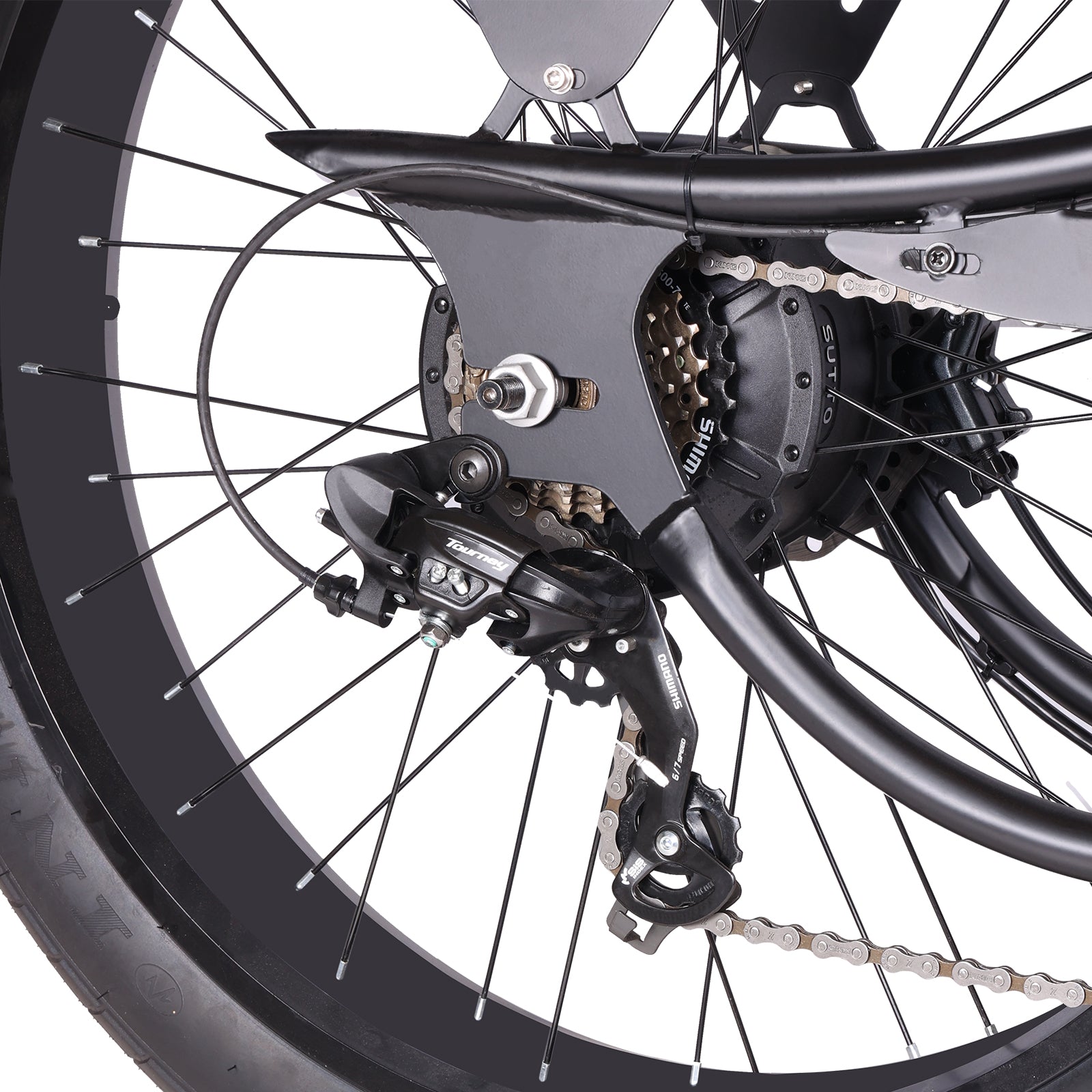 Close up of Micargi Cyclone 500W Electric Beach Cruiser bike disc brake 7-speed