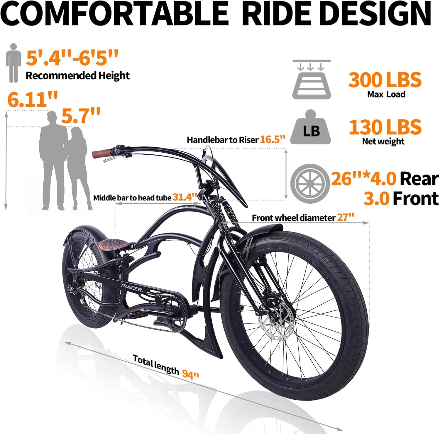 Side view of Tracer Raider pro ds 7-speed cruiser beach stretch bike fit in 5.7"-6.11" 300 lbs max load