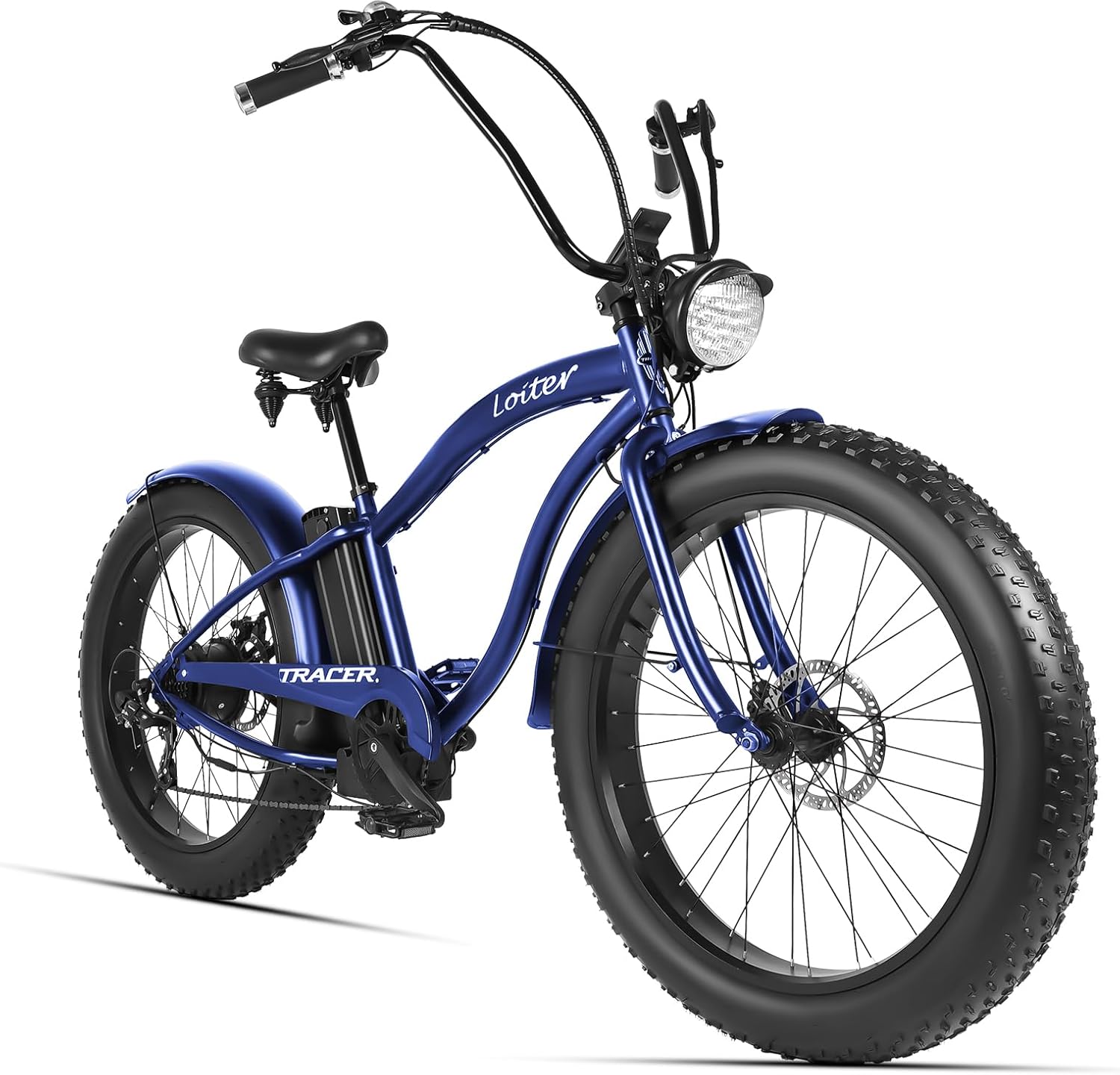 Side view of Tracer loiter cruiser e-bike blue 26inch fat tire  