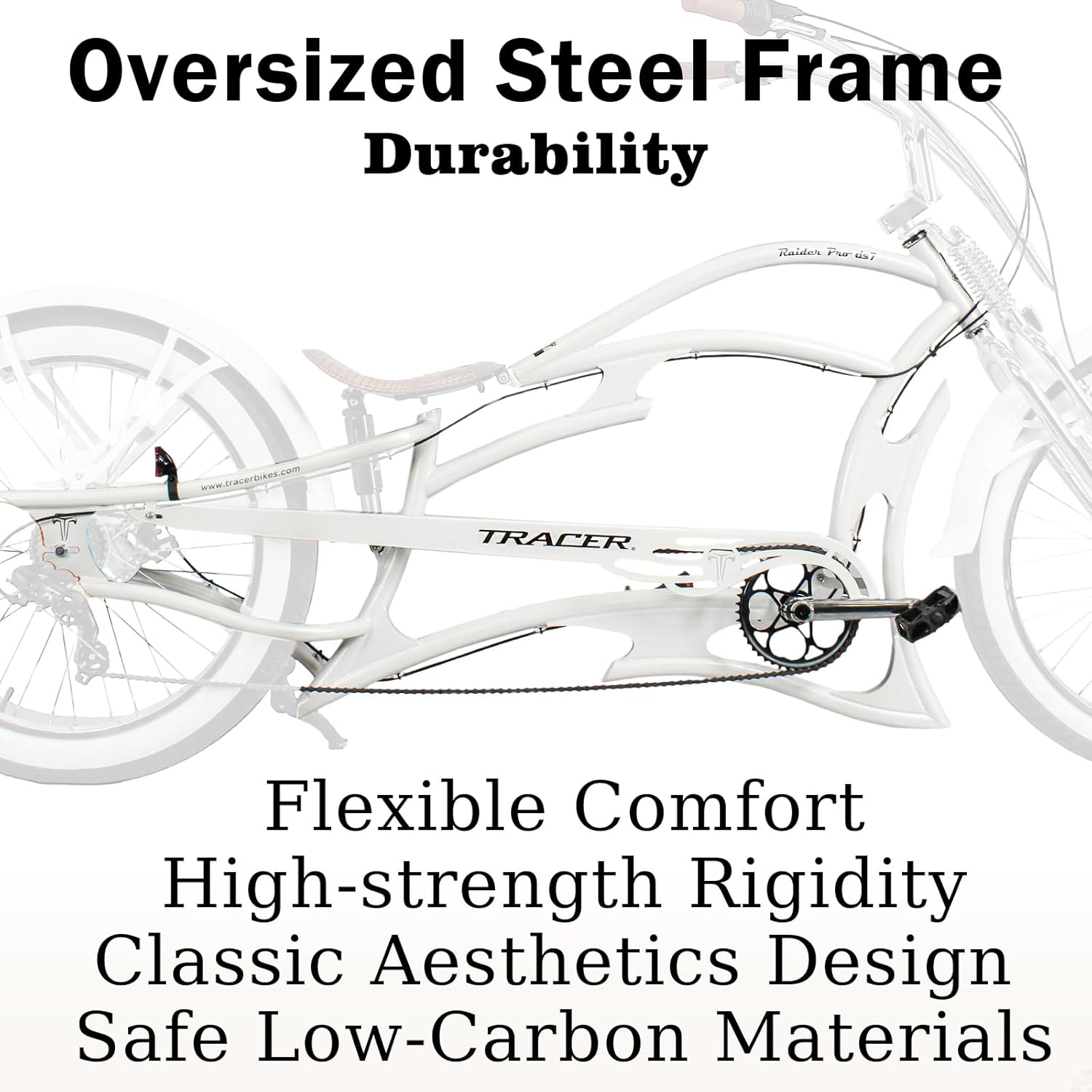 Close up of Tracer Raider pro ds 7-speed cruiser beach stretch bike with oversized steel frame for man 