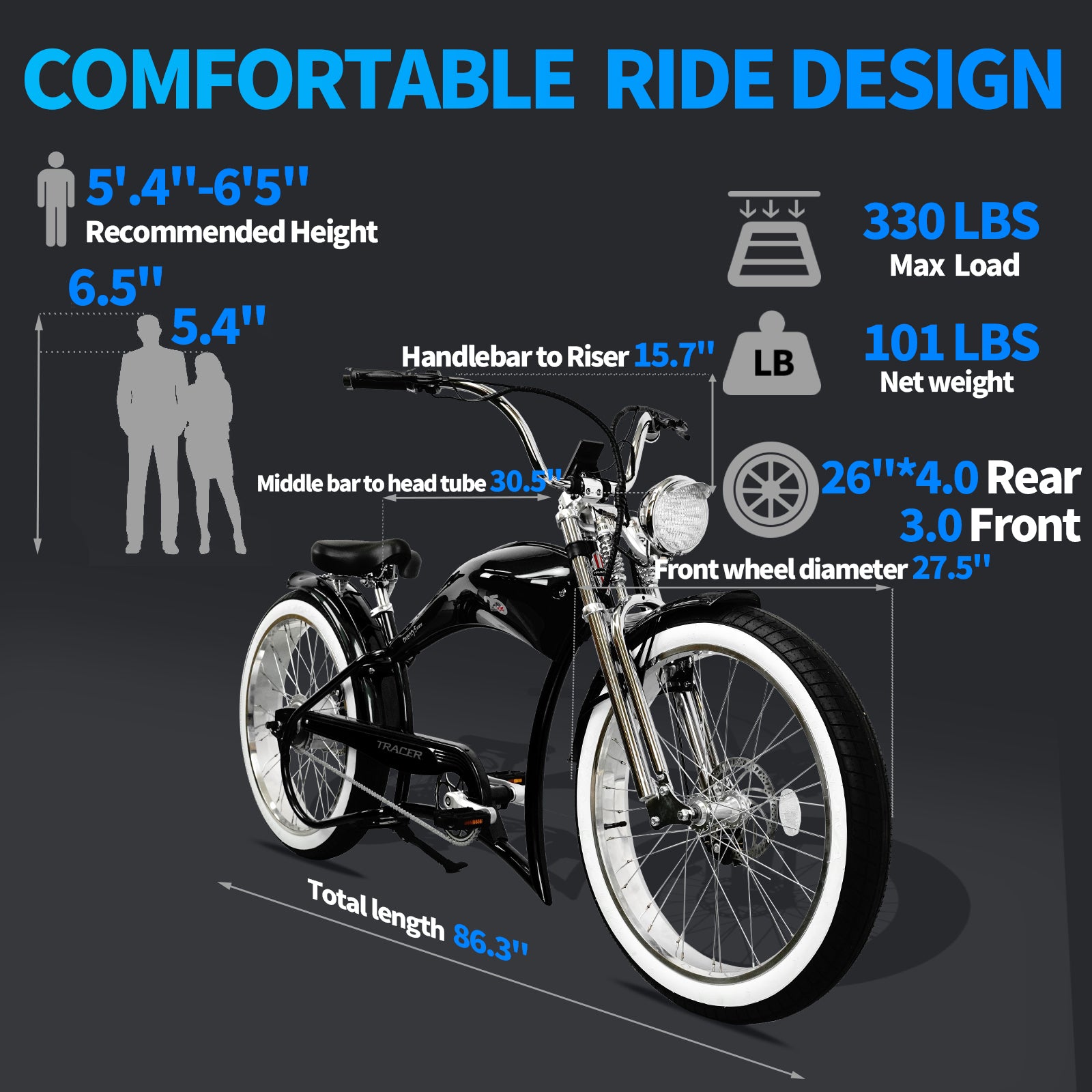 Tracer Twenty5 GTS Chopper Cruiser E-Bike 500W rear hub motor 330lbs max load