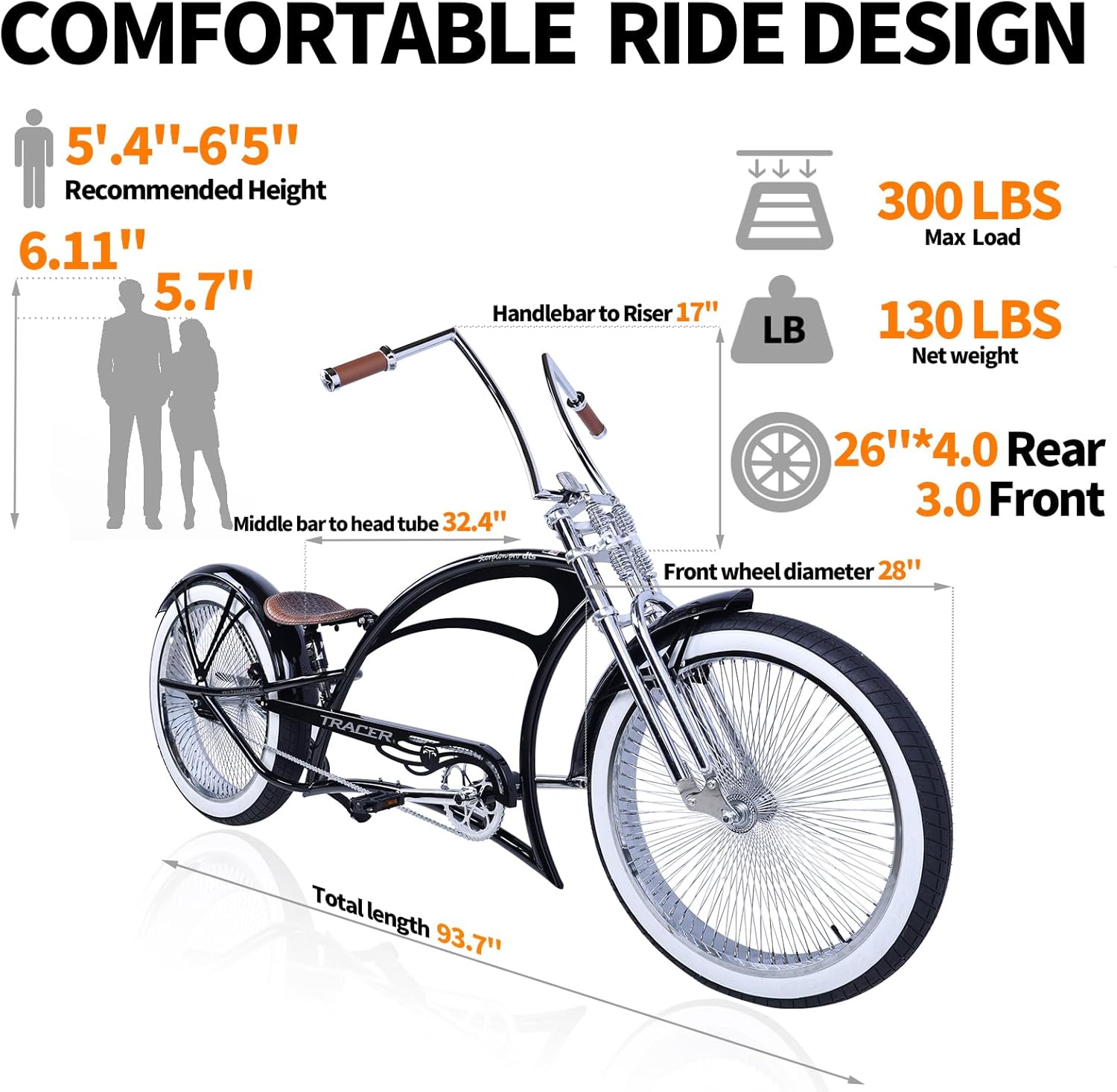 Close up of tracer scorpion pro dts stretch cruiser bike single speed hi-rise handlebar 300 lbs max load fit 5.7"-6.11"