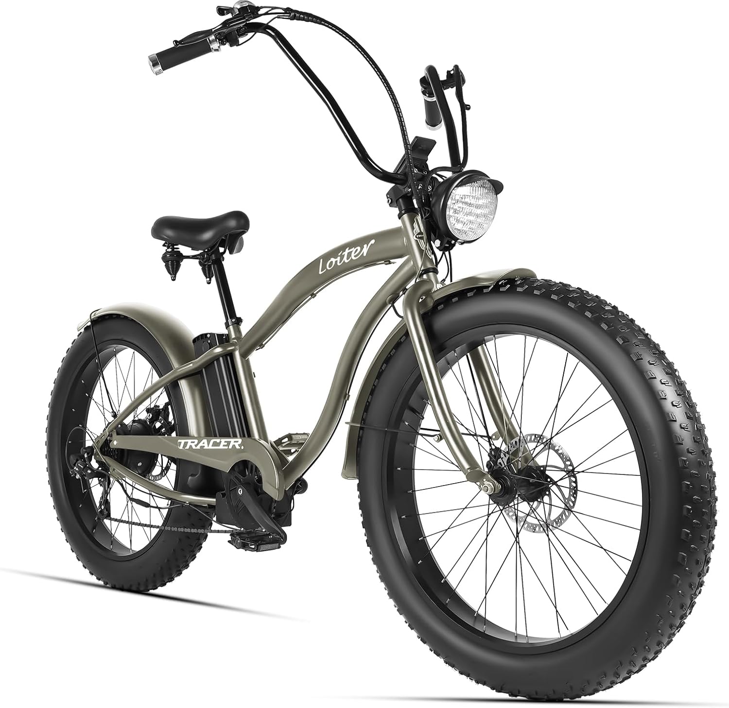 Side view of Tracer loiter cruiser e-bike matte gray 26inch disc brake