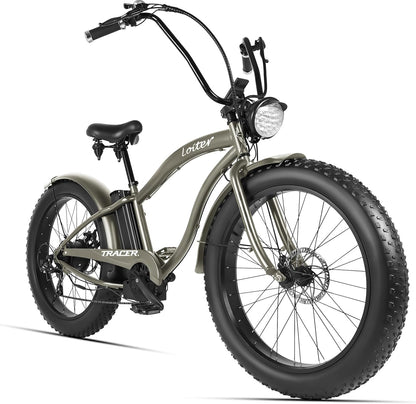 Side view of Tracer loiter cruiser e-bike matte gray 26inch disc brake