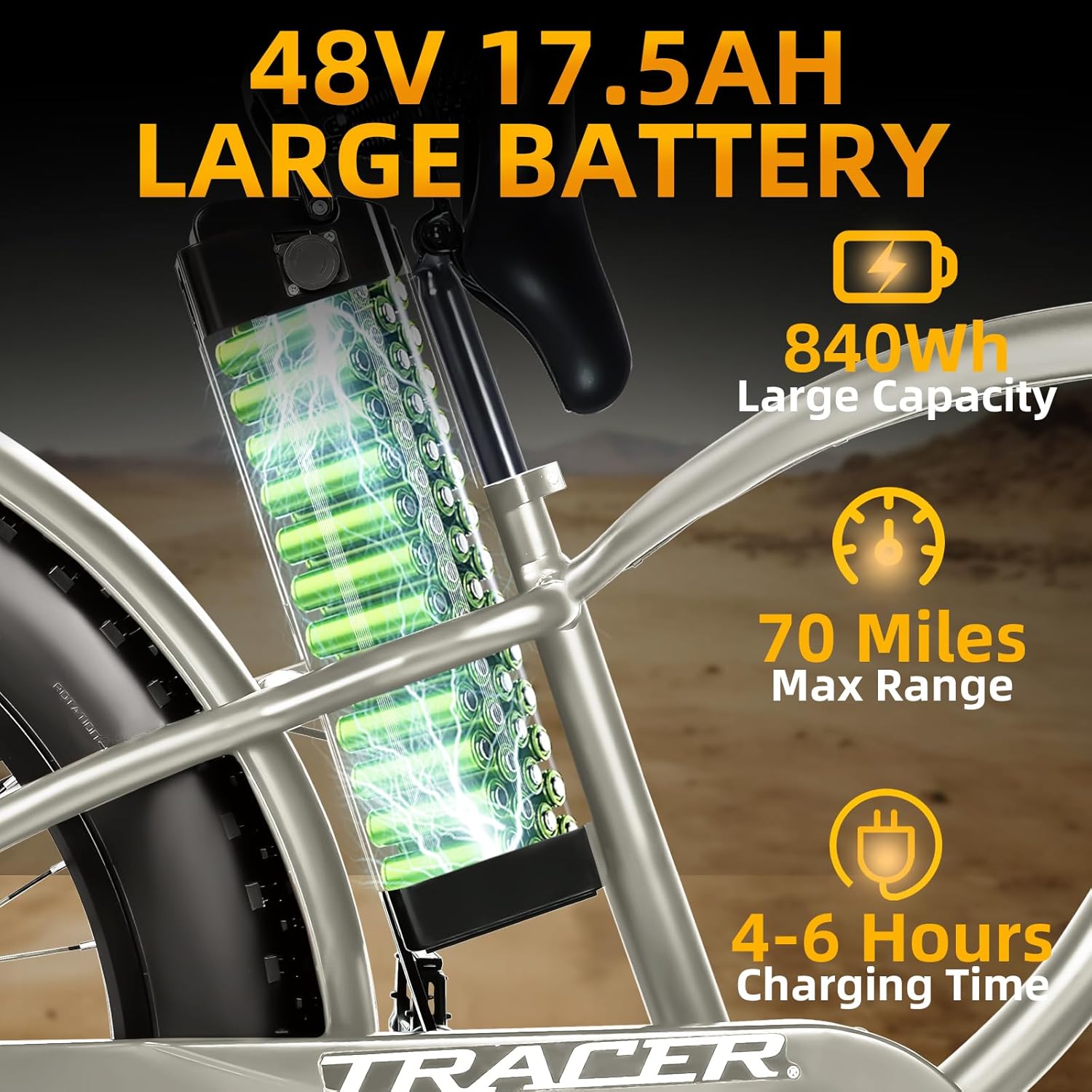 Close up of Tracer loiter beach cruiser electric bike 48V 17.5AH large battery long lasting 70 miles max range