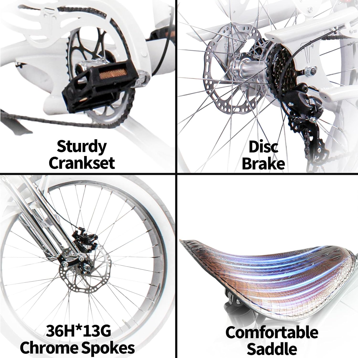 Close up of Tracer Raider pro ds 7-speed cruiser beach stretch bike with chrome spokes safe disc brake comfortable saddle 